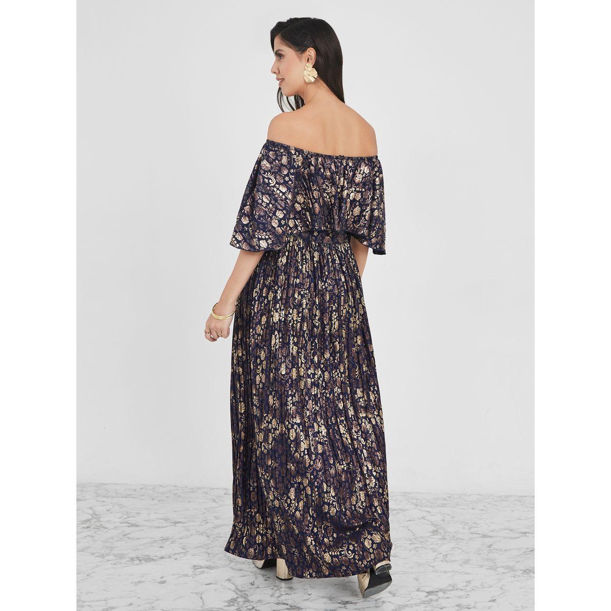Styli Off Shoulder Floral Gold Foil Print Maxi Dress-women-clothing-dresses-image-4