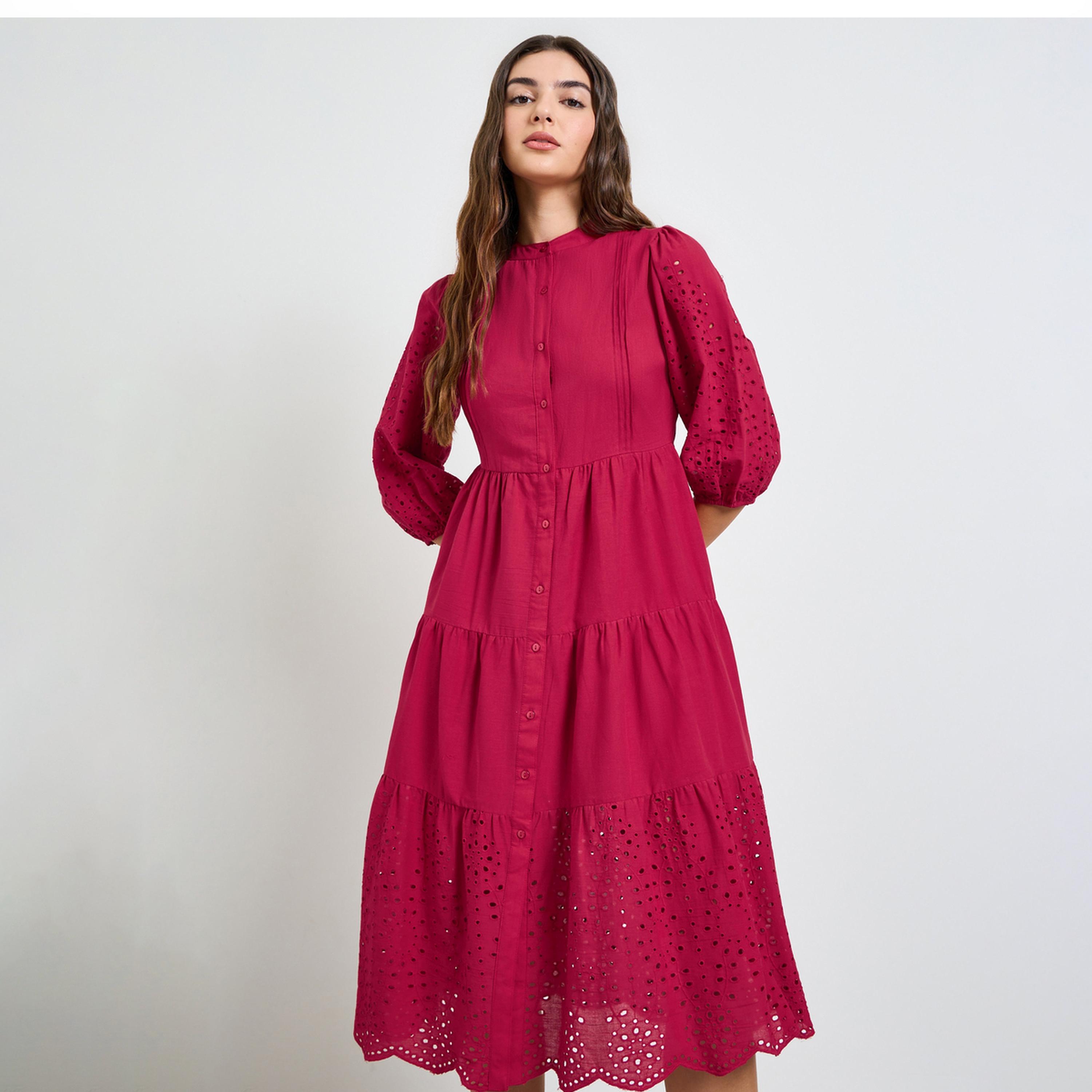 Styli Red Cotton Schiffli Shirt Midi Dress-women-clothing-dresses-image-1