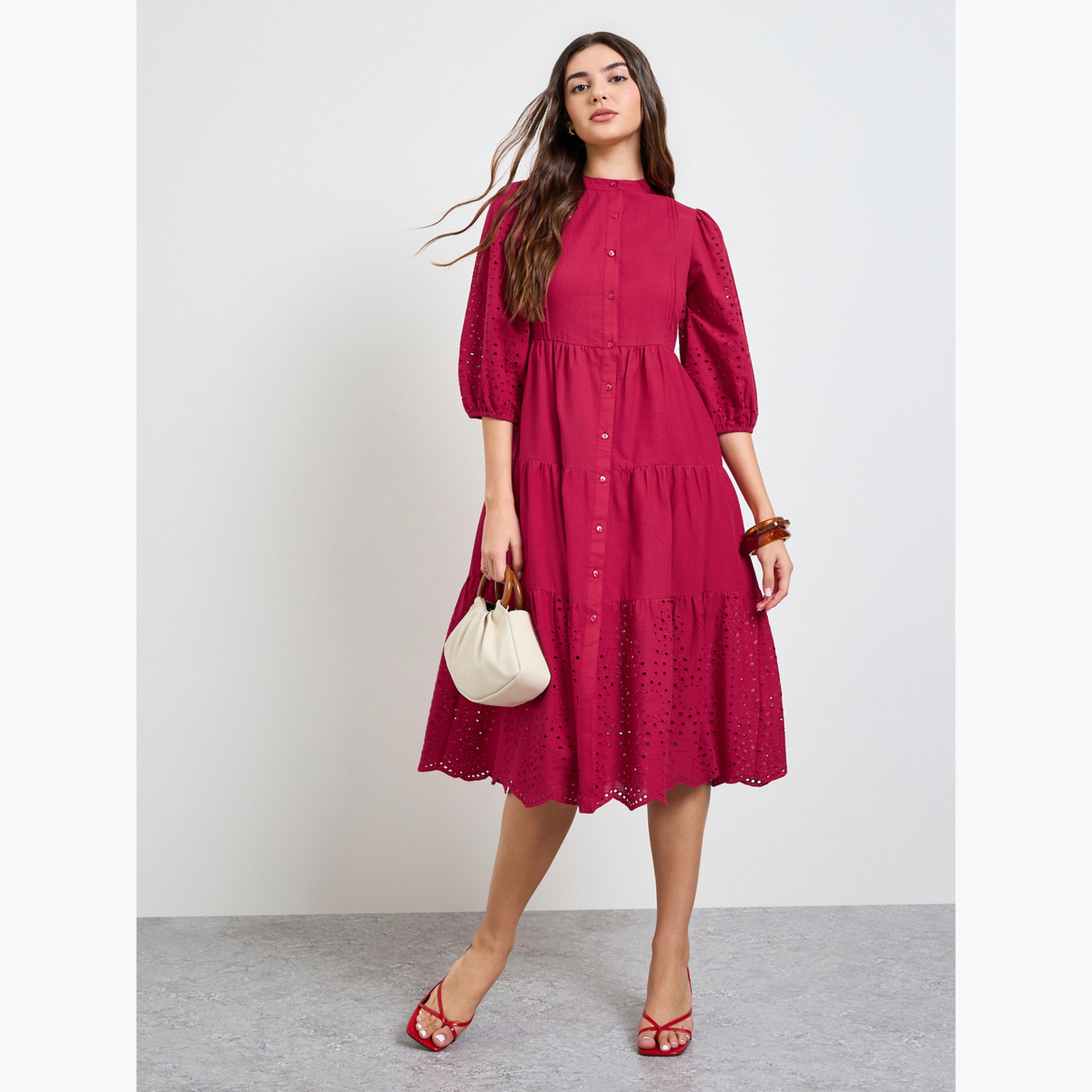 Styli Red Cotton Schiffli Shirt Midi Dress-women-clothing-dresses-image-2