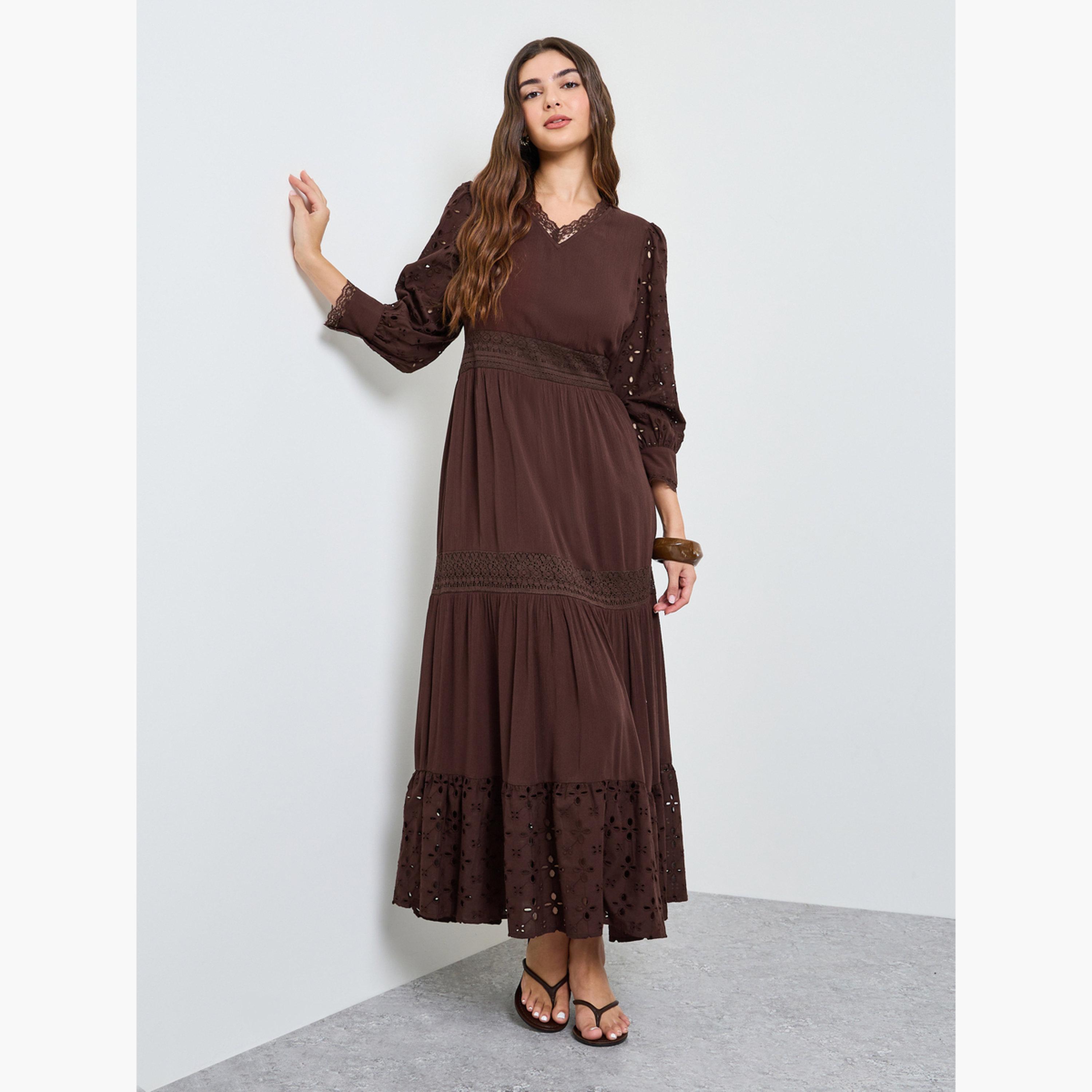 Styli Brown Broderie Detail Lace Insert Maxi Dress-women-clothing-dresses-image-1