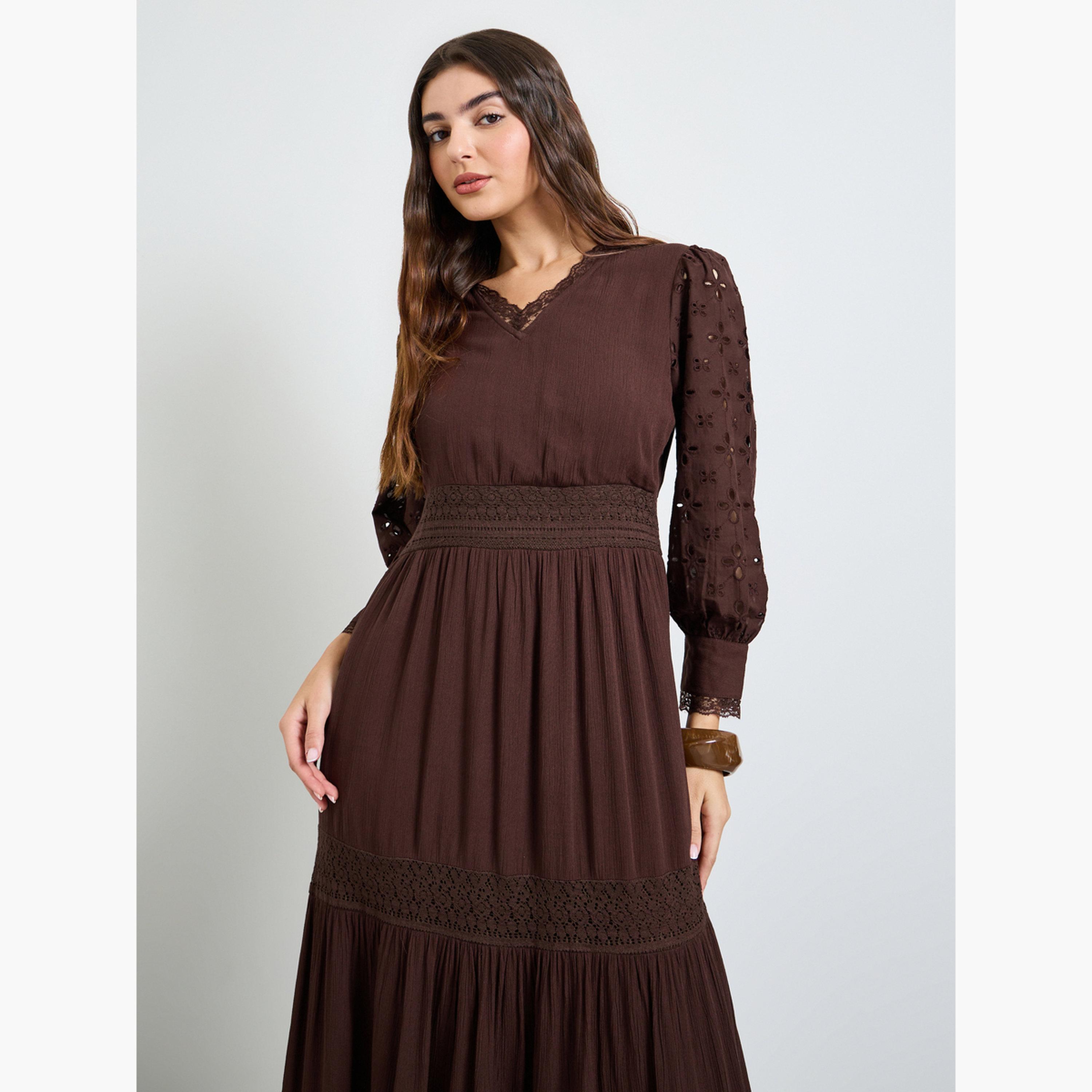 Styli Brown Broderie Detail Lace Insert Maxi Dress-women-clothing-dresses-image-2