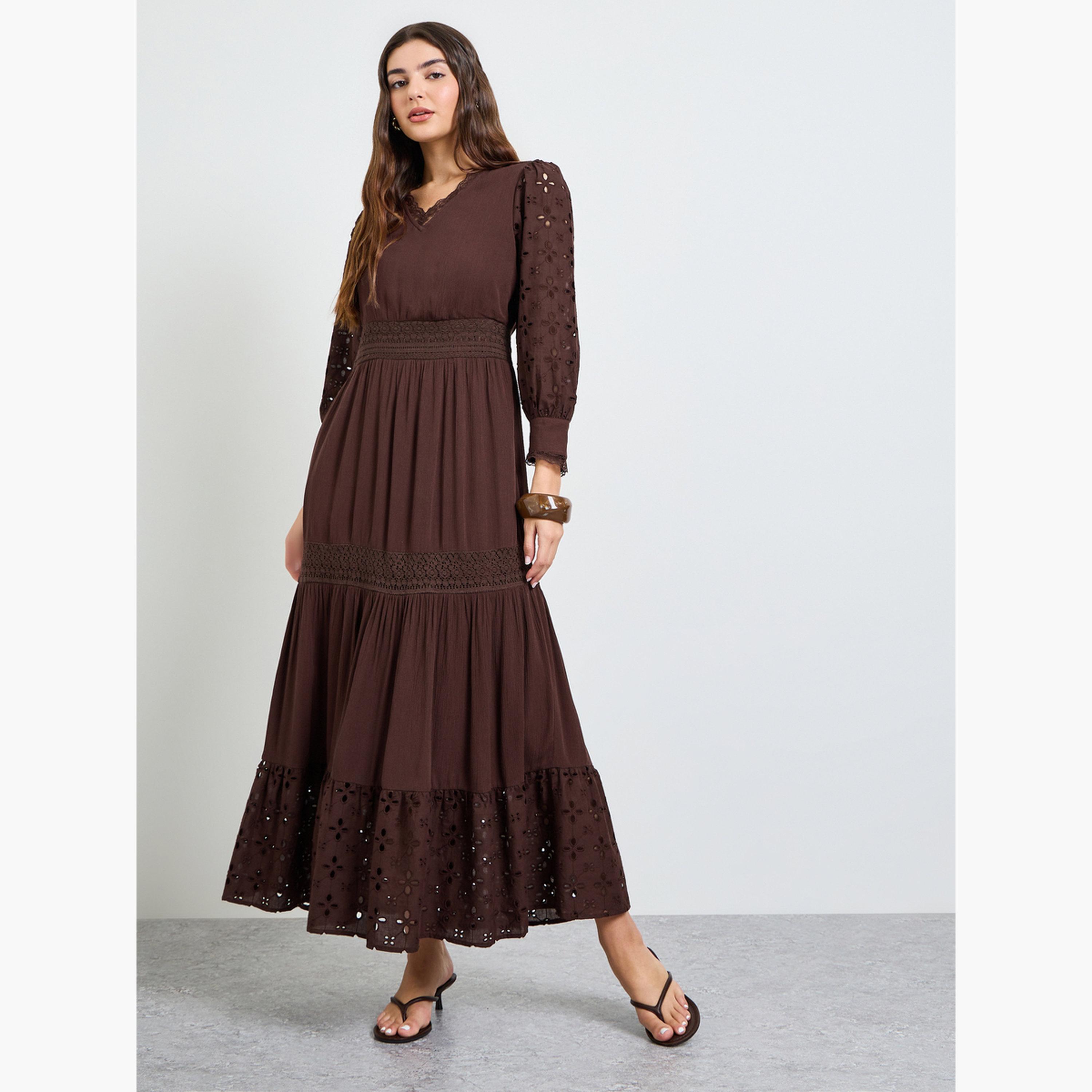 Styli Brown Broderie Detail Lace Insert Maxi Dress-women-clothing-dresses-image-3
