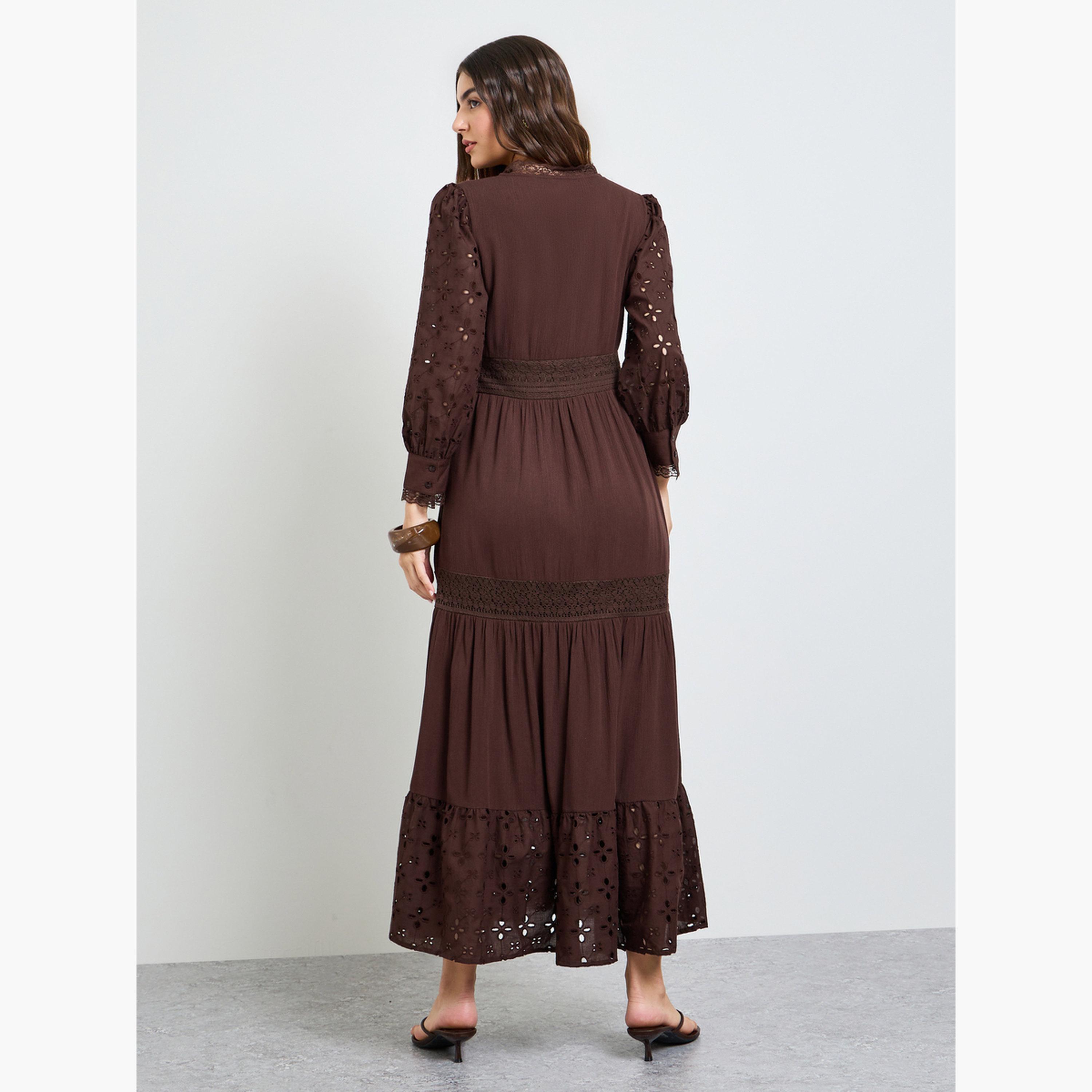 Styli Brown Broderie Detail Lace Insert Maxi Dress-women-clothing-dresses-image-4