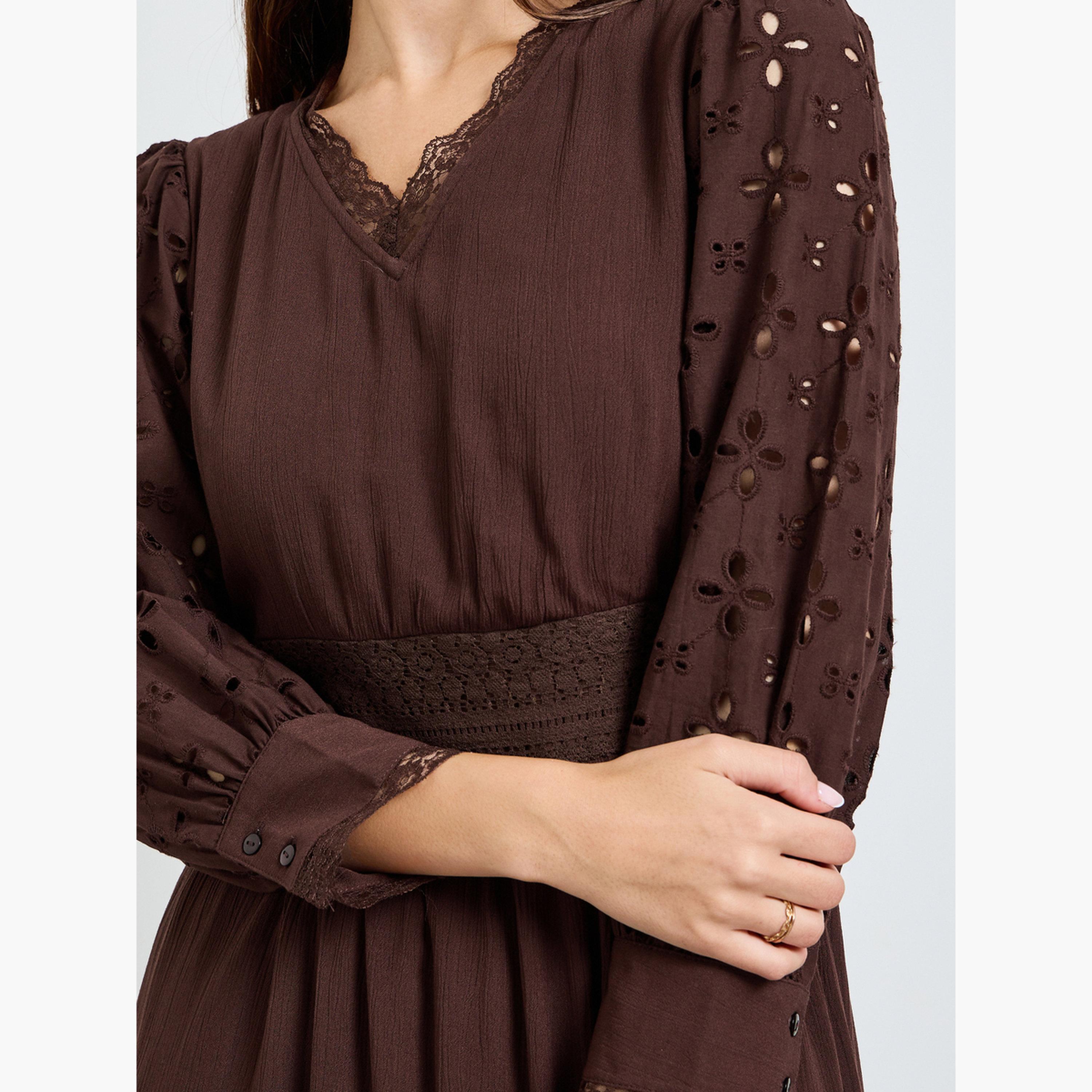 Styli Brown Broderie Detail Lace Insert Maxi Dress-women-clothing-dresses-image-5