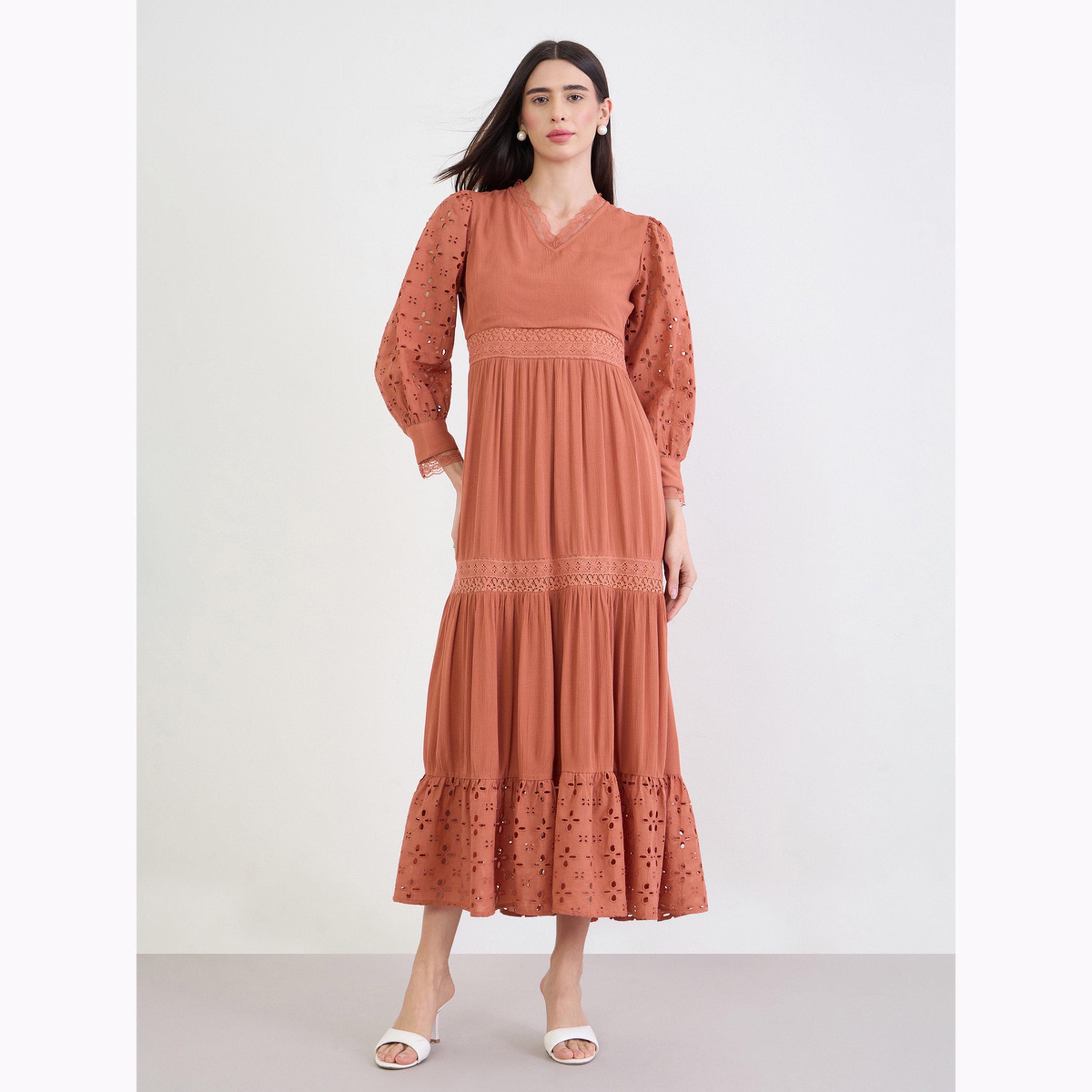 Styli Rust Broderie Detail Lace Insert Maxi Dress-women-clothing-dresses-image-1