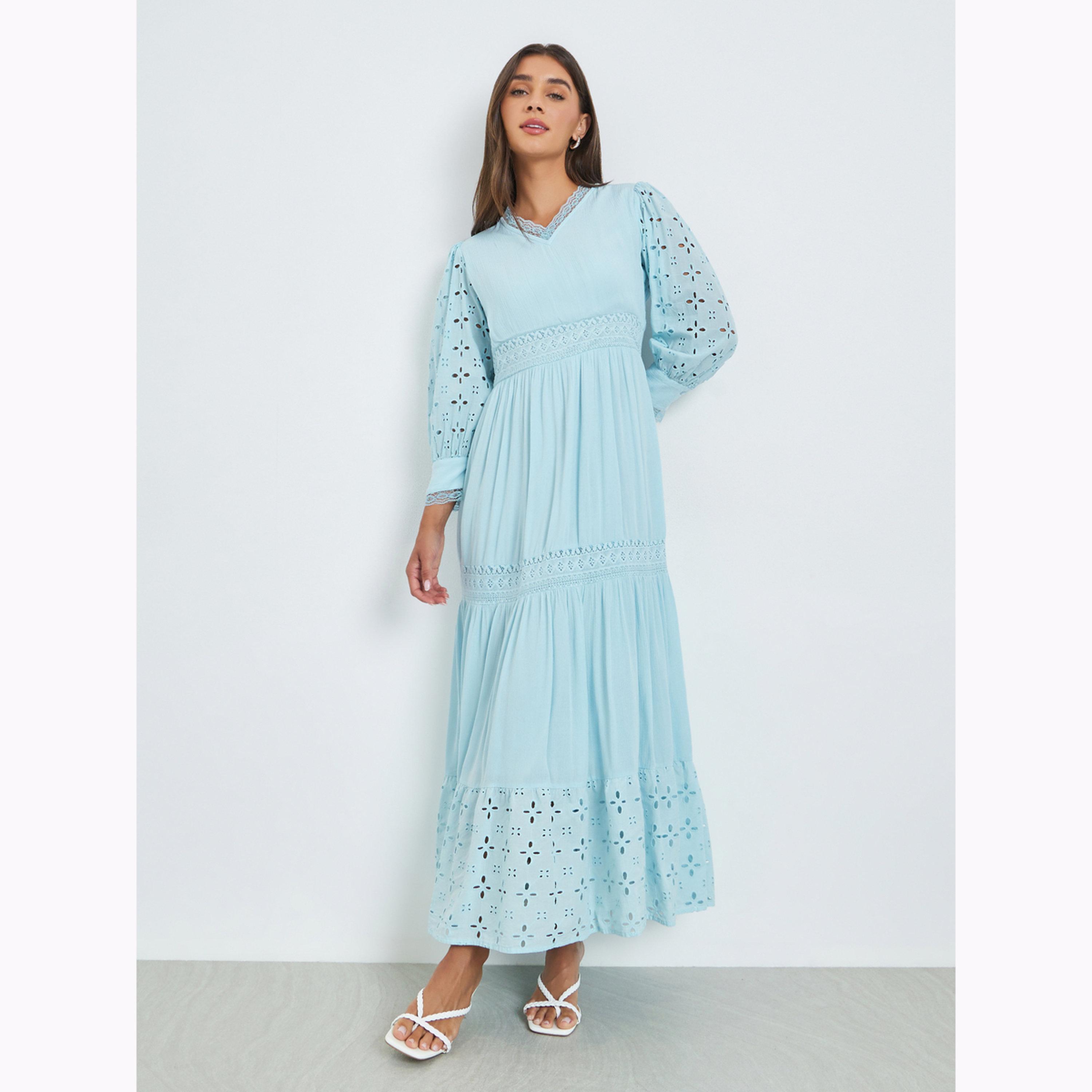 Styli Light Blue Broderie Detail Lace Insert Maxi Dress-women-clothing-dresses-image-1