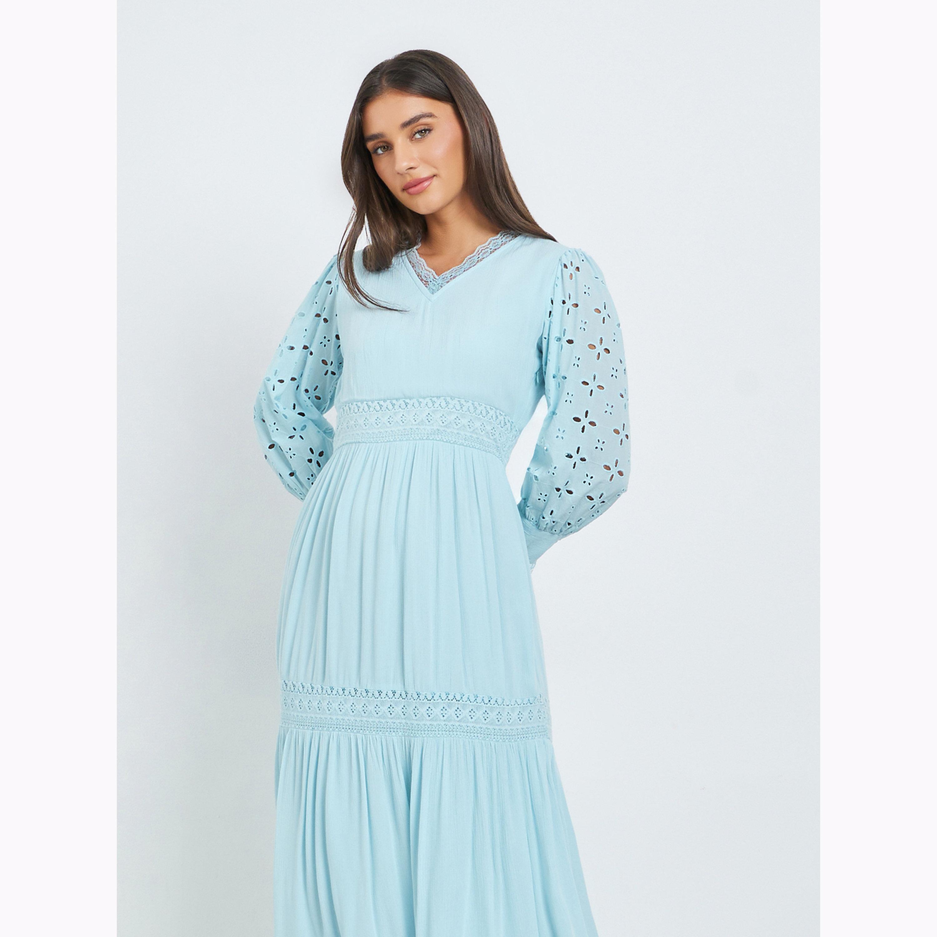 Styli Light Blue Broderie Detail Lace Insert Maxi Dress-women-clothing-dresses-image-2