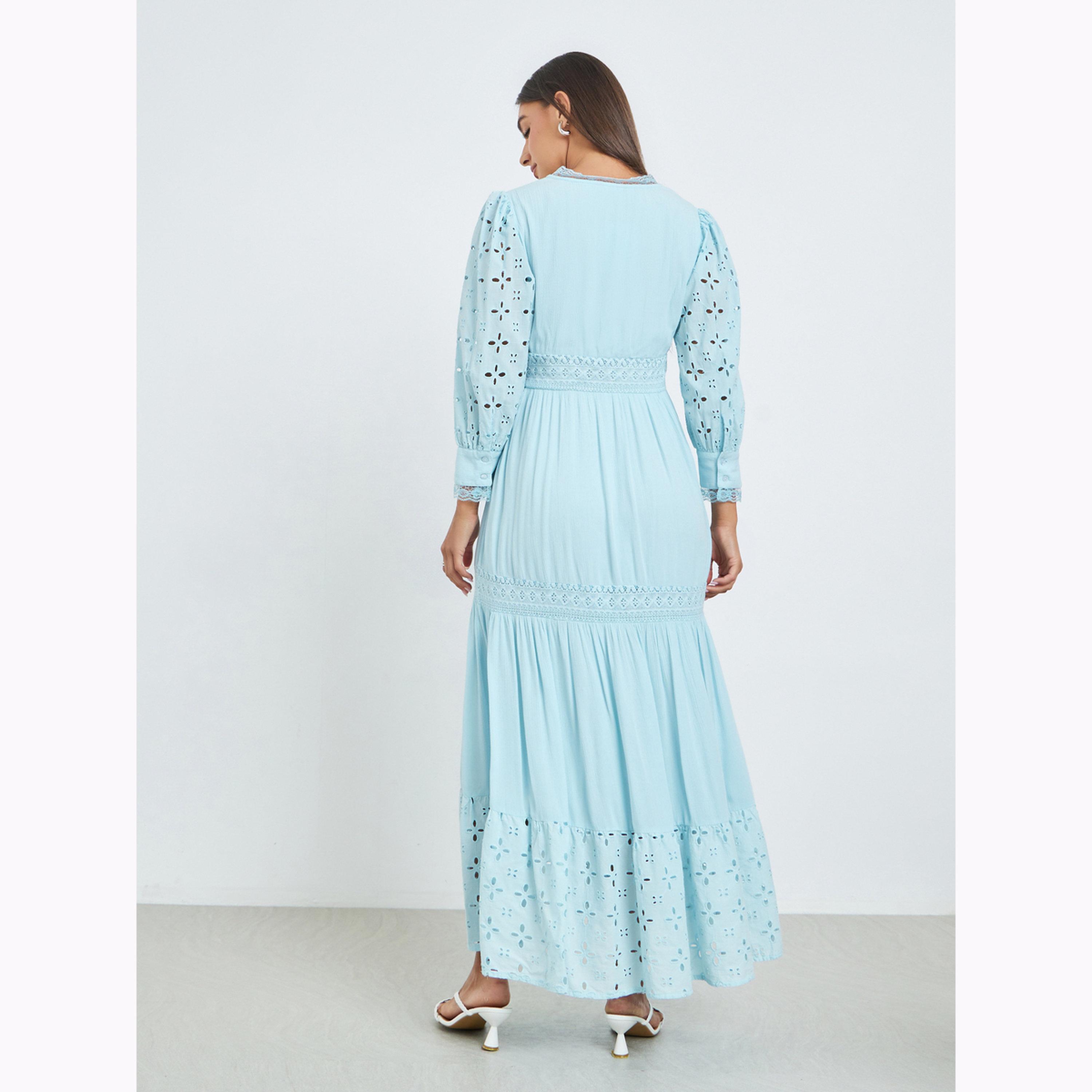 Styli Light Blue Broderie Detail Lace Insert Maxi Dress-women-clothing-dresses-image-3