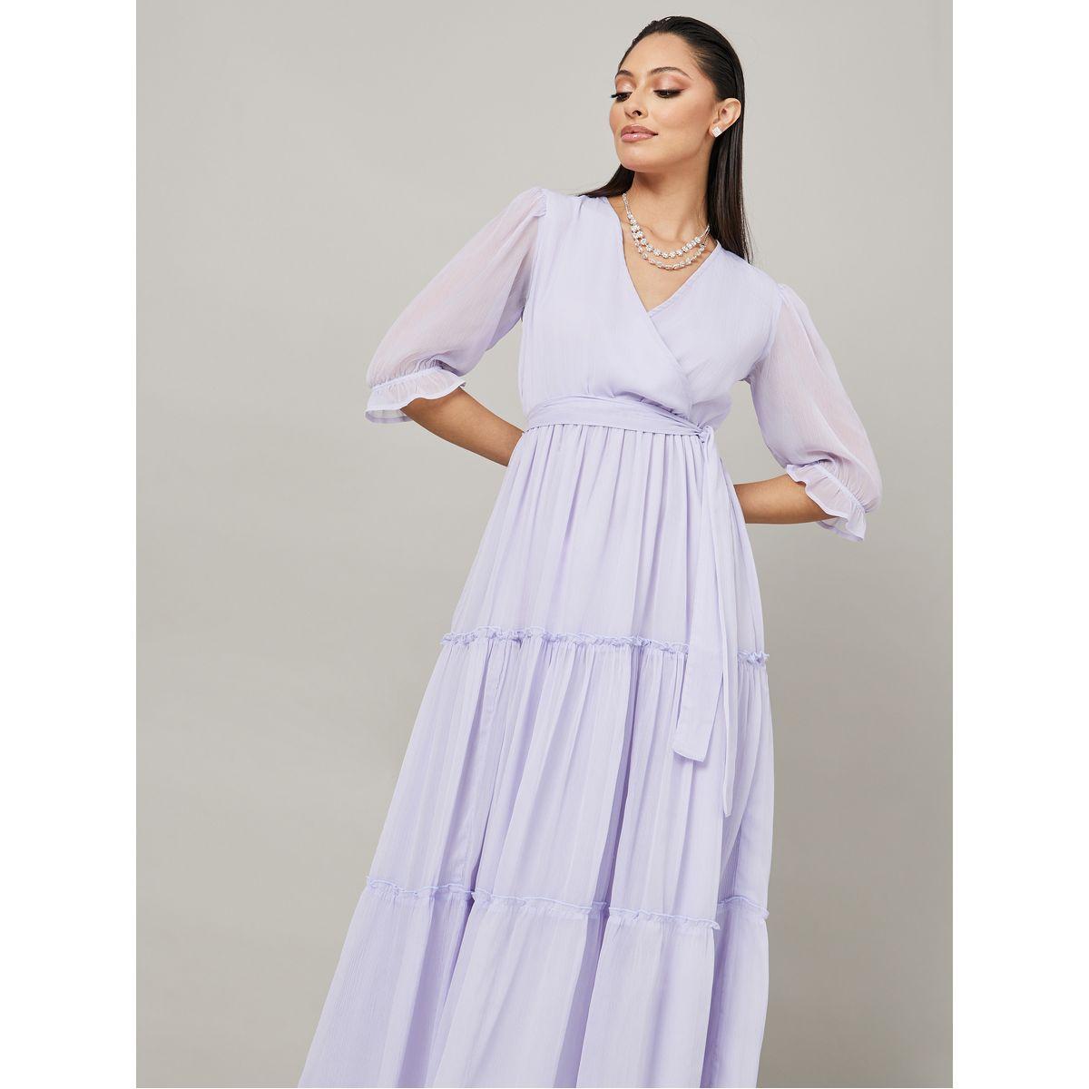 Styli 3/4 Sleeves V Neck Tiered Maxi Dress with Waist Tie Up-women-clothing-dresses-image-2
