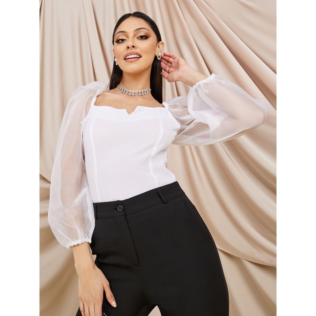 Styli Organza Sleeves V Neck Crepe Blouse -women-clothing-shirtsandblouses-blouses-image-1