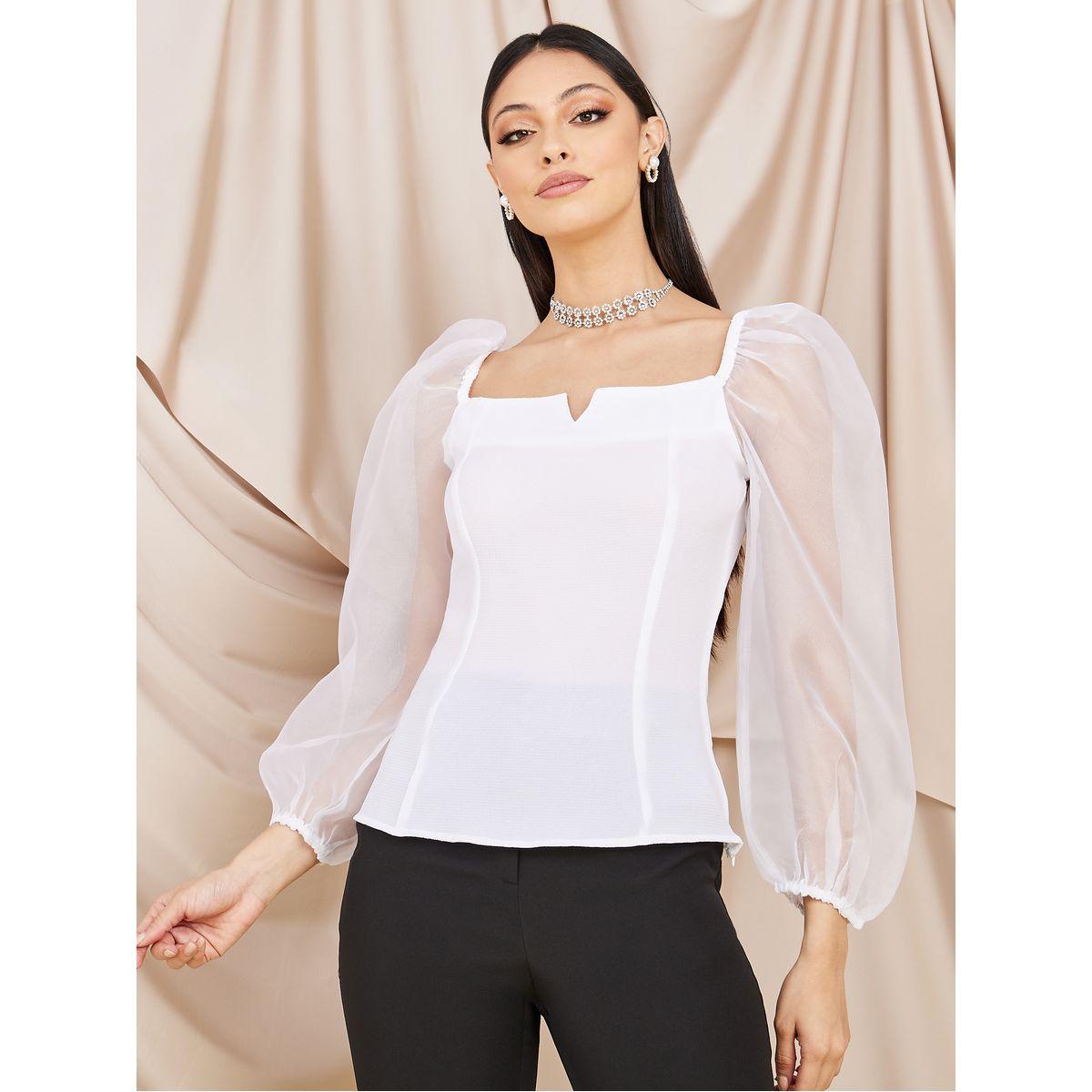 Styli Organza Sleeves V Neck Crepe Blouse -women-clothing-shirtsandblouses-blouses-image-3