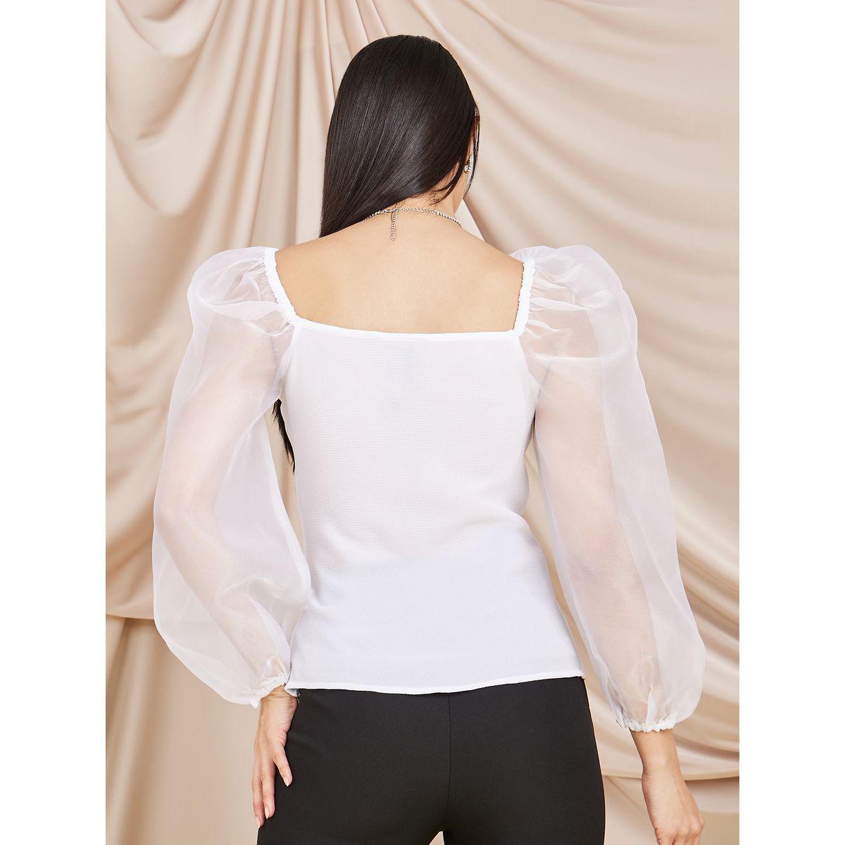Styli Organza Sleeves V Neck Crepe Blouse -women-clothing-shirtsandblouses-blouses-image-5