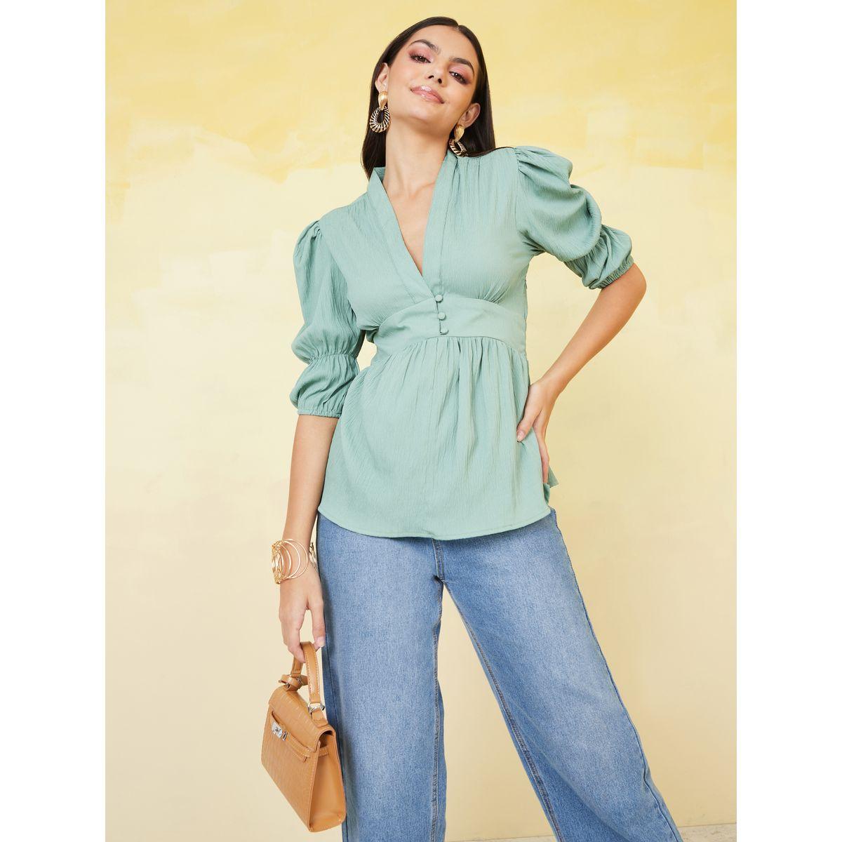 Styli Textured Button Closure Peplum Blouse -women-clothing-shirtsandblouses-blouses-image-1