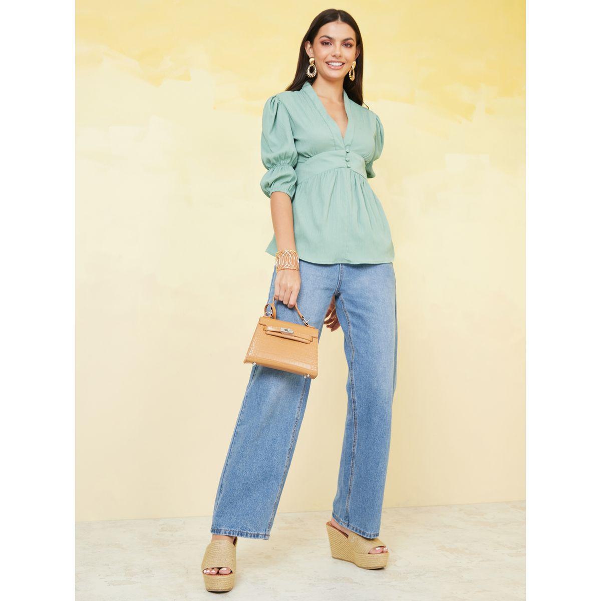 Styli Textured Button Closure Peplum Blouse -women-clothing-shirtsandblouses-blouses-image-2