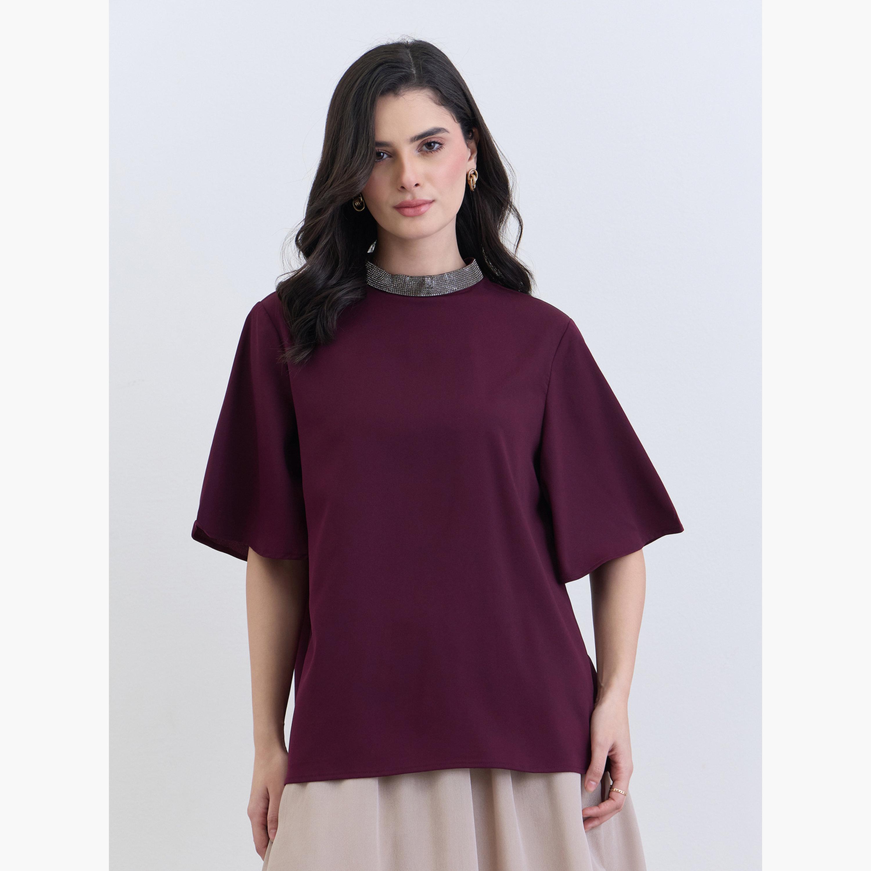 Styli Women Purple Beaded Neckline Flutter Sleeve Blouse-women-clothing-tshirts-image-1