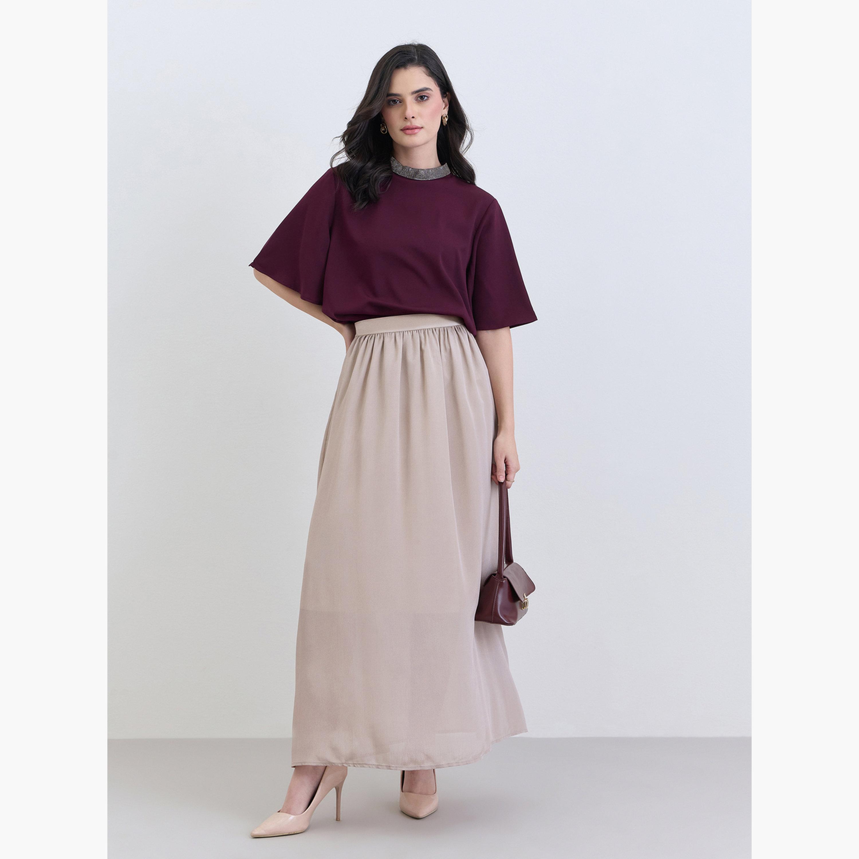Styli Women Purple Beaded Neckline Flutter Sleeve Blouse-women-clothing-tshirts-image-2