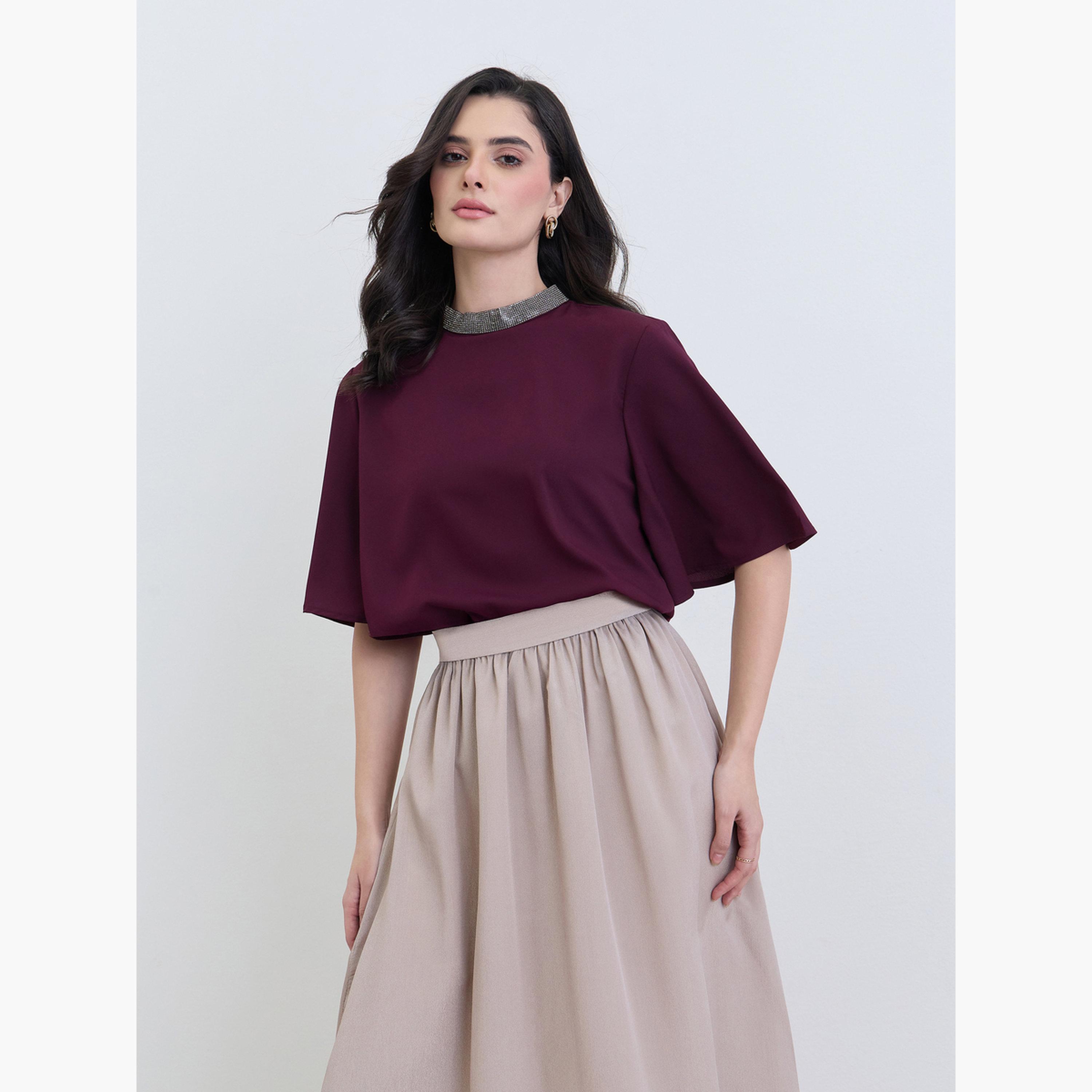 Styli Women Purple Beaded Neckline Flutter Sleeve Blouse-women-clothing-tshirts-image-3