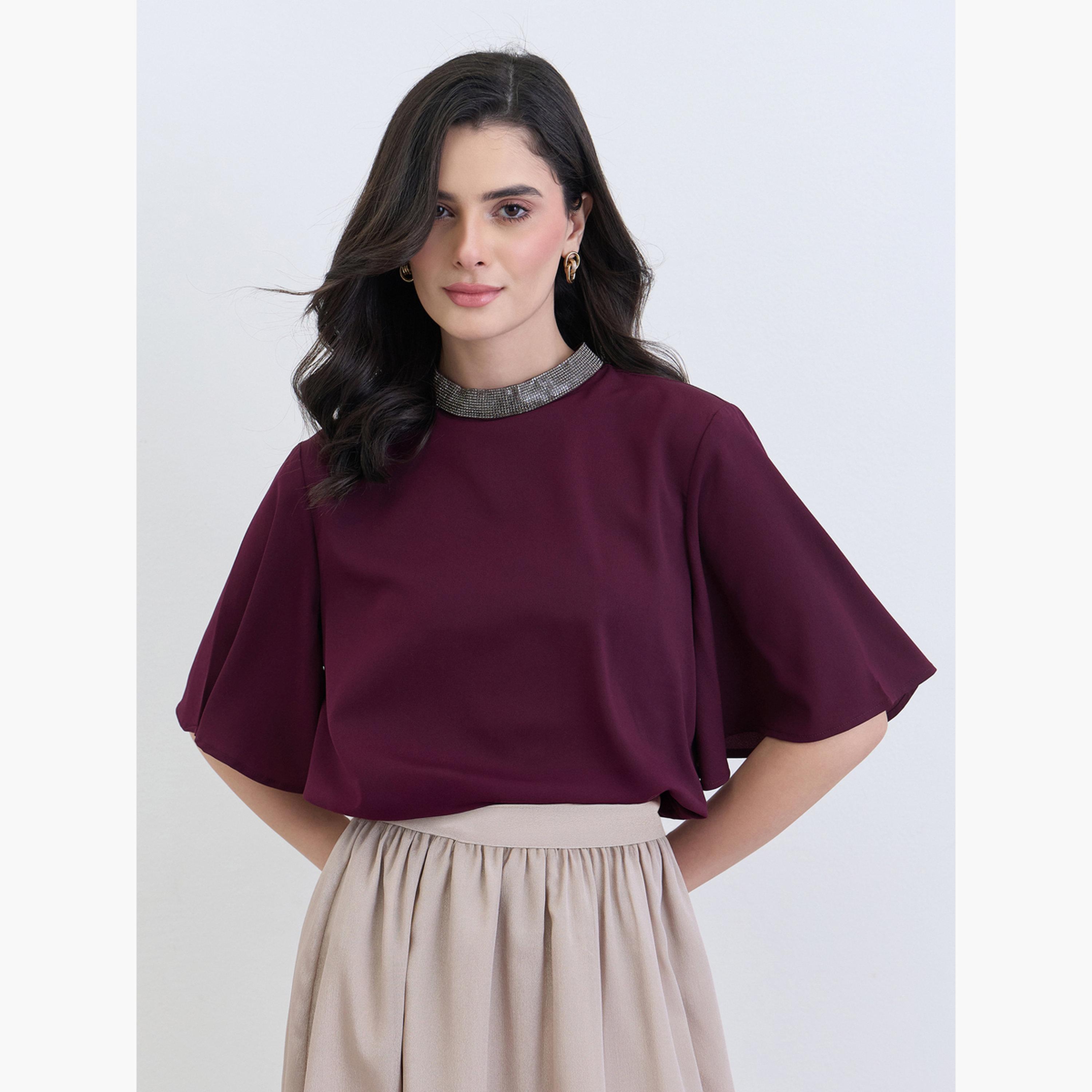 Styli Women Purple Beaded Neckline Flutter Sleeve Blouse-women-clothing-tshirts-image-6