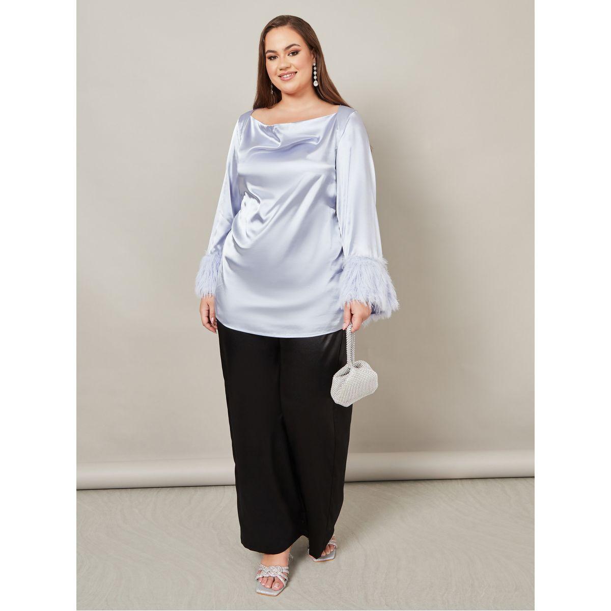 Styli Plus Cowl Neck Faux Feather Trim Satin Top-women-clothing-shirtsandblouses-blouses-image-2
