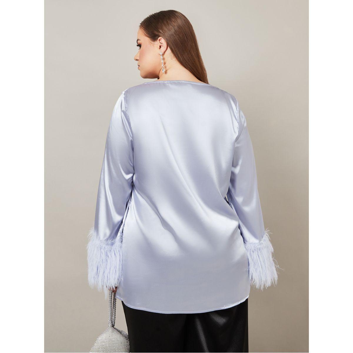 Styli Plus Cowl Neck Faux Feather Trim Satin Top-women-clothing-shirtsandblouses-blouses-image-4