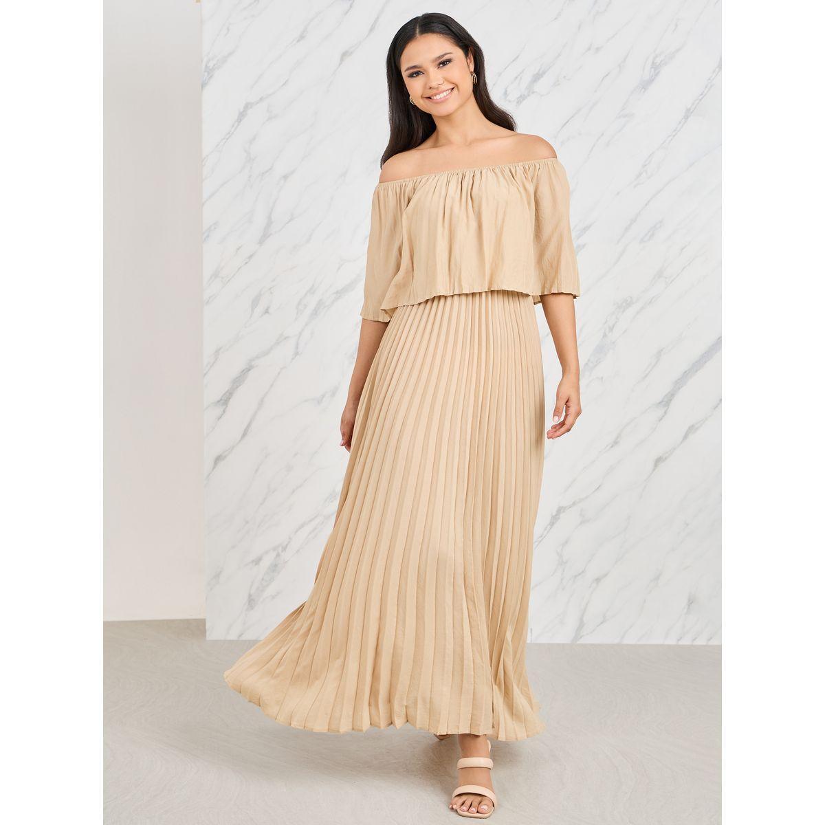 Styli Off Shoulder Cape Sleeves Accordion Pleats Maxi Dress-women-clothing-dresses-image-1