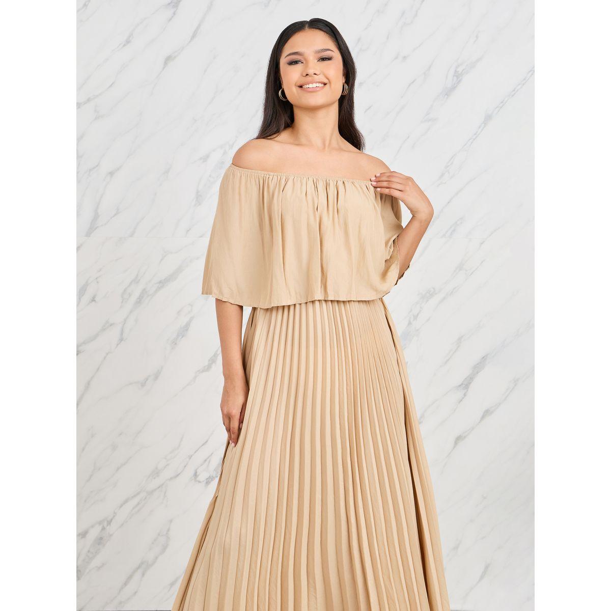 Styli Off Shoulder Cape Sleeves Accordion Pleats Maxi Dress-women-clothing-dresses-image-2