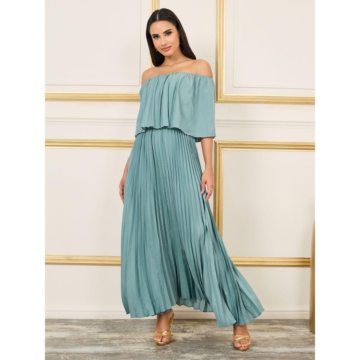 Styli Off Shoulder Pleated A-Line Maxi Dress-women-clothing-dresses-image-1