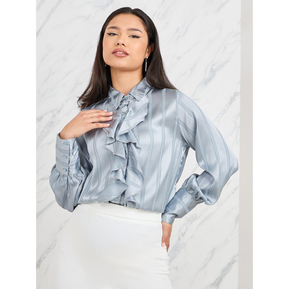 بلوزة جاكار مع خطوط بنسيج لوريكس وكشكش-women-clothing-shirtsandblouses-shirts-image-5