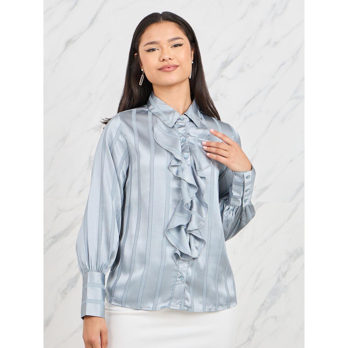 بلوزة جاكار مع خطوط بنسيج لوريكس وكشكش-women-clothing-shirtsandblouses-shirts-image-3