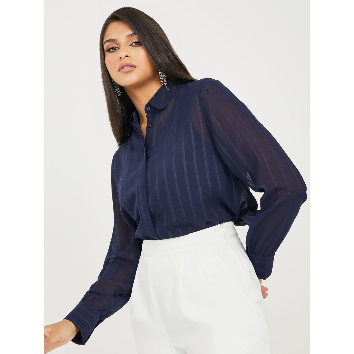 بلوزة مخططة جاكار بقصة عادية-women-clothing-shirtsandblouses-shirts-image-1