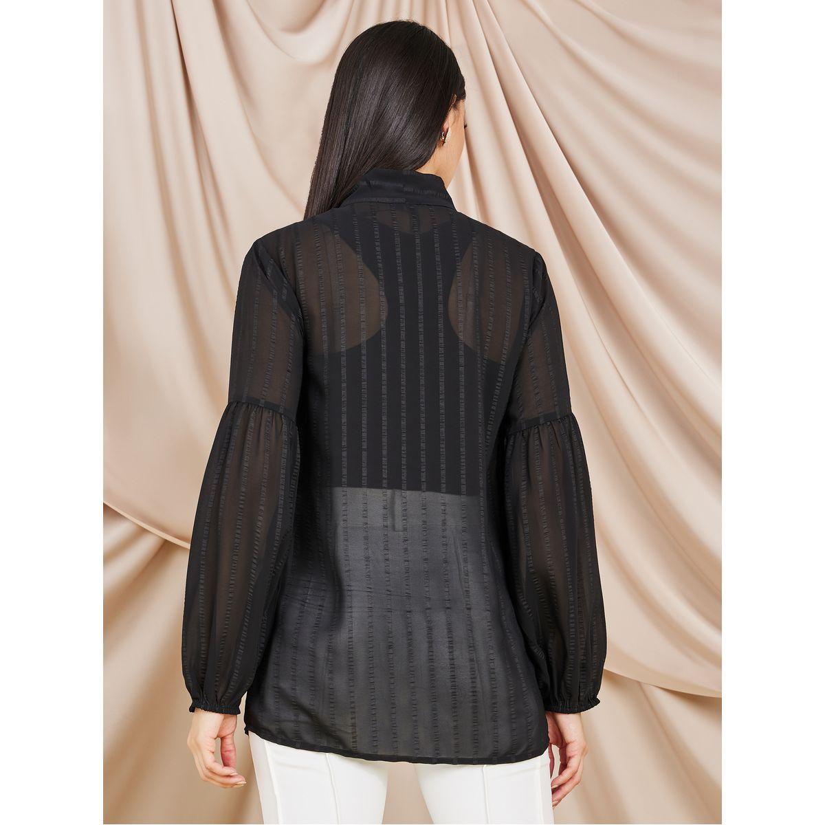 Styli Seersucker Tie Up Neck Longline Blouse-women-clothing-shirtsandblouses-blouses-image-5