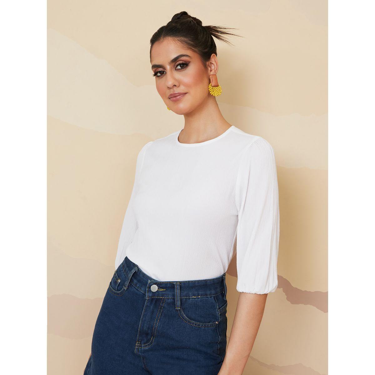 Styli Short Sleeves Round Neck Moss Crepe Blouse -women-clothing-shirtsandblouses-blouses-image-1