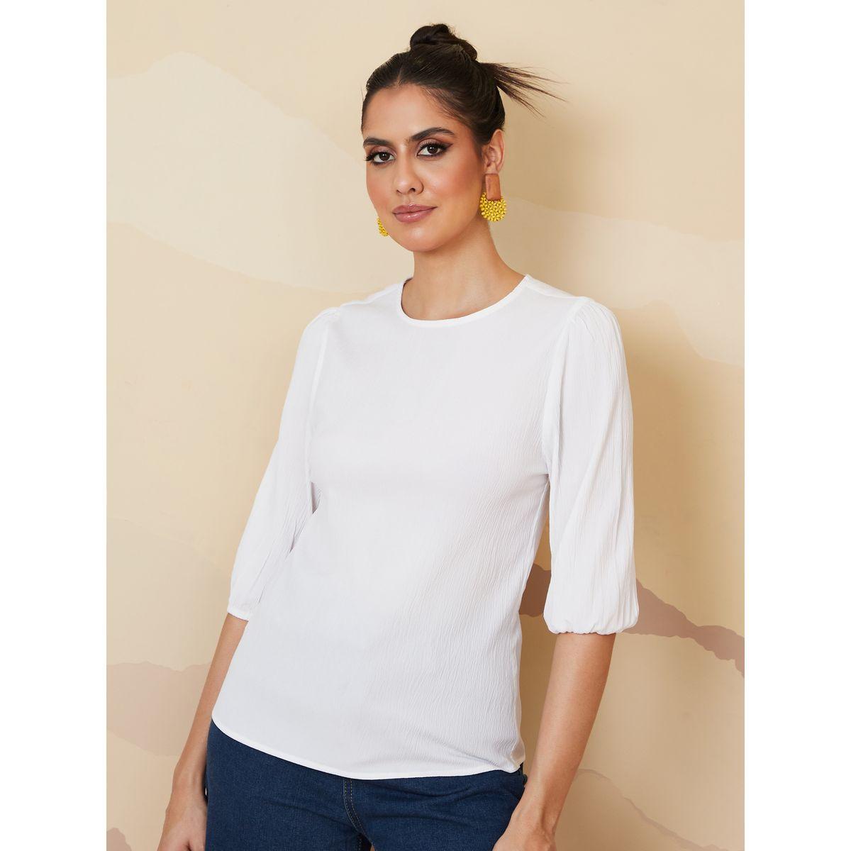 Styli Short Sleeves Round Neck Moss Crepe Blouse -women-clothing-shirtsandblouses-blouses-image-3