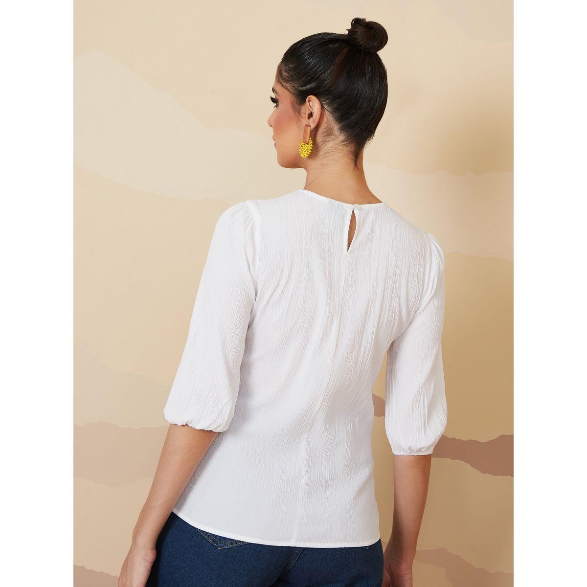 Styli Short Sleeves Round Neck Moss Crepe Blouse -women-clothing-shirtsandblouses-blouses-image-5