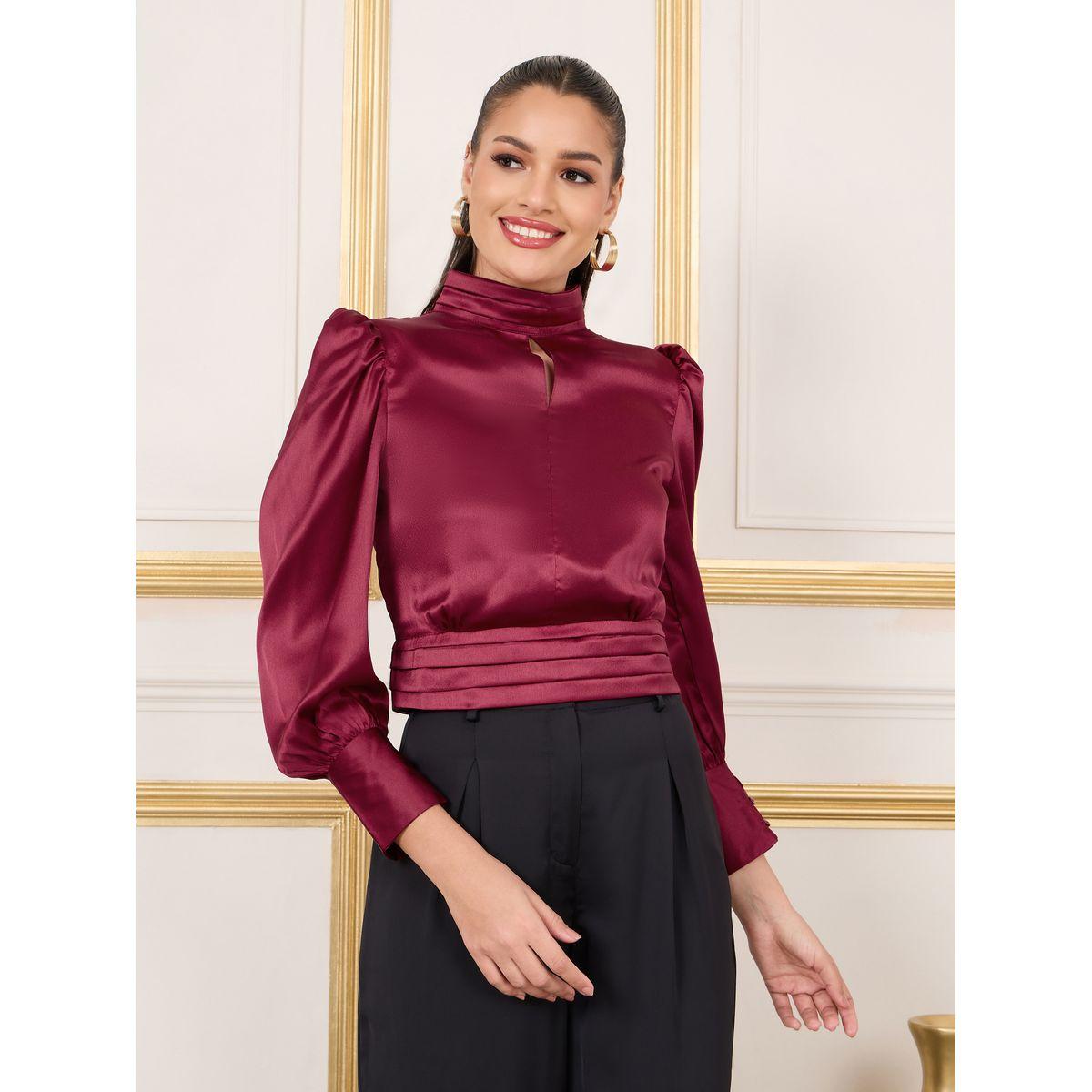 بلوزة ساتان بياقة عالية مع ياقة بشق-women-clothing-shirtsandblouses-blouses-image-1