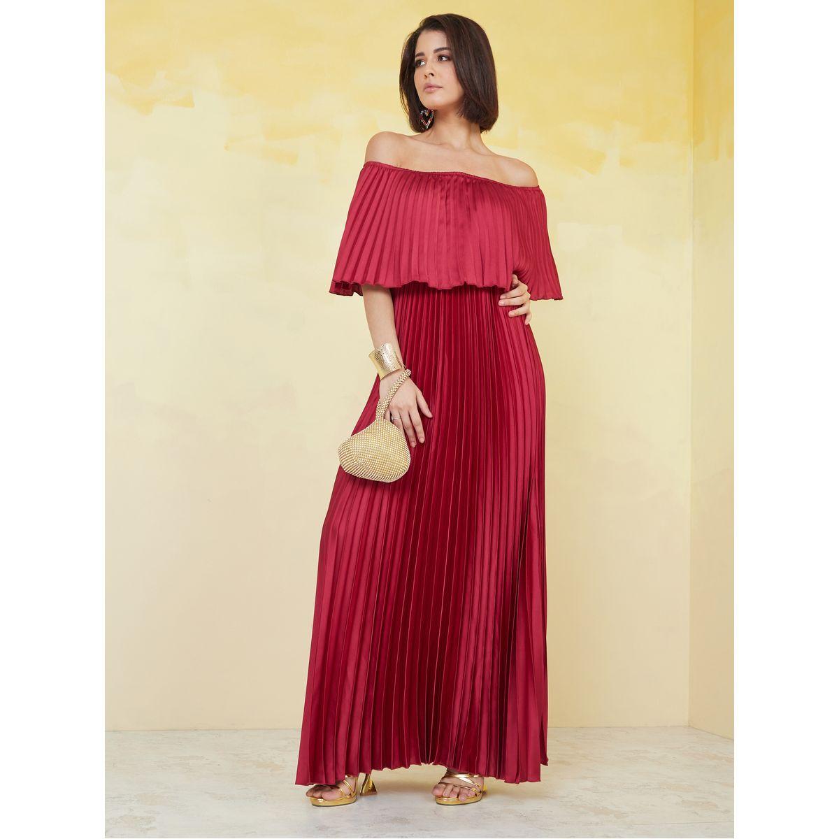 Styli Off Shoulder Pleated A-Line Maxi Dress-women-clothing-dresses-image-1