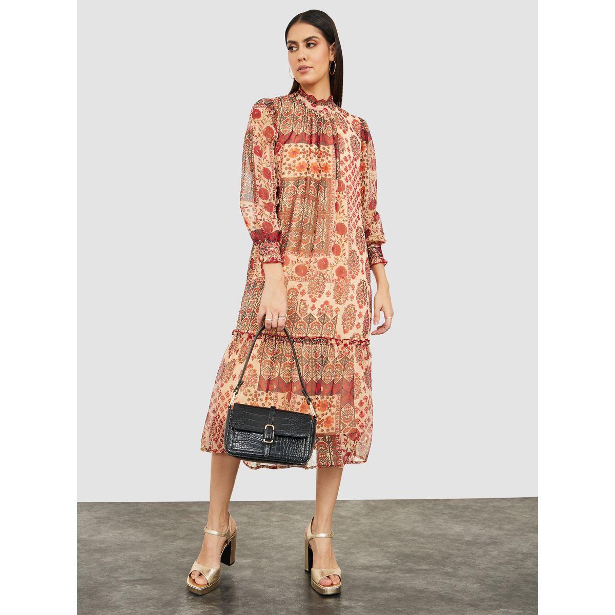Styli Long Sleeves High Neck Bohemian Print A-Line Midi Dress-women-clothing-dresses-image-2