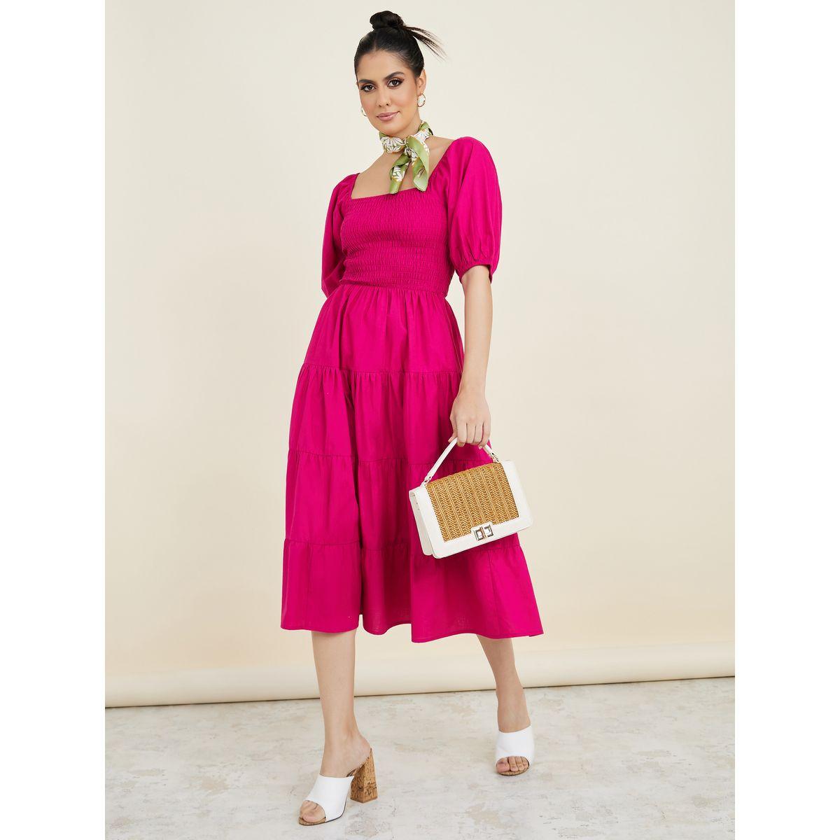 فستان ميدي بكسرات واكمام قصيرة-women-clothing-dresses-image-1