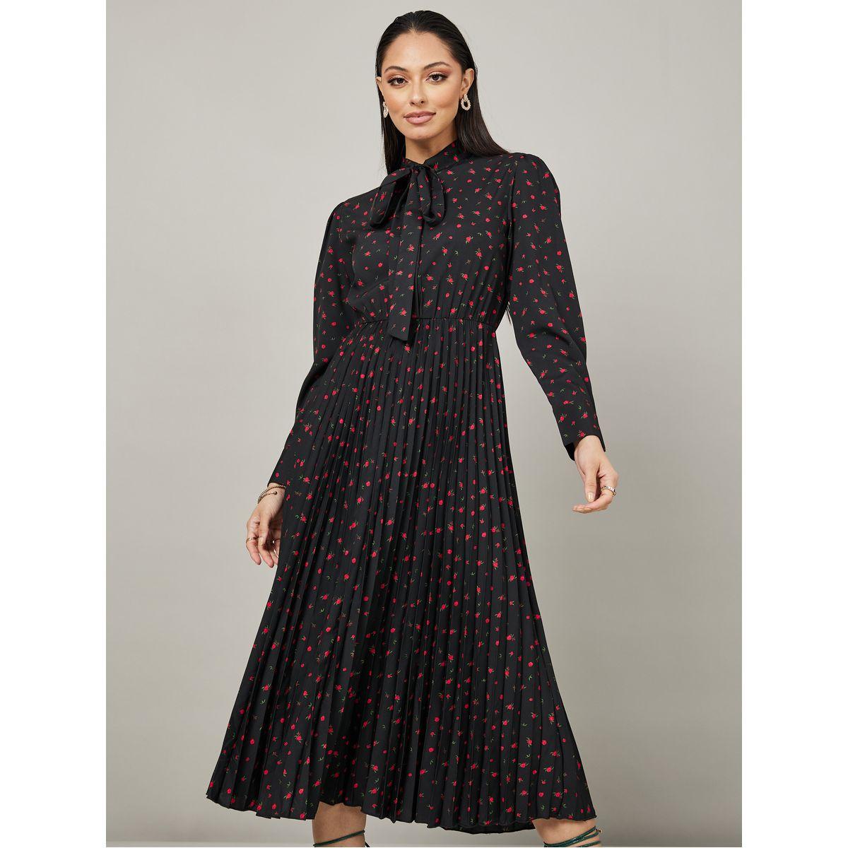 Styli Long Sleeves Rose All Over Print Pleated A-Line Midi Dress-women-clothing-dresses-image-1