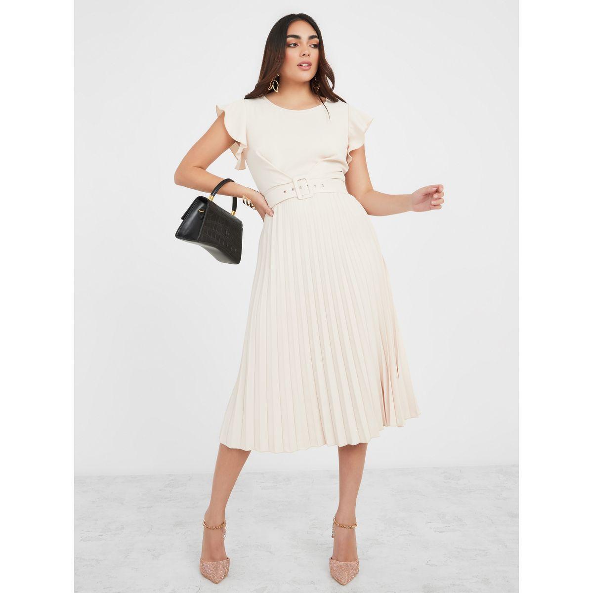 Styli Frill Sleeves Pleated Midi Dress with Belt-women-clothing-dresses-image-1