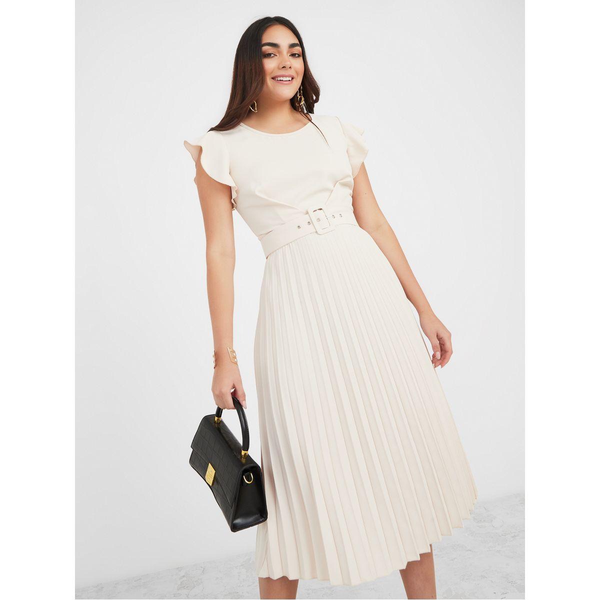 Styli Frill Sleeves Pleated Midi Dress with Belt-women-clothing-dresses-image-2