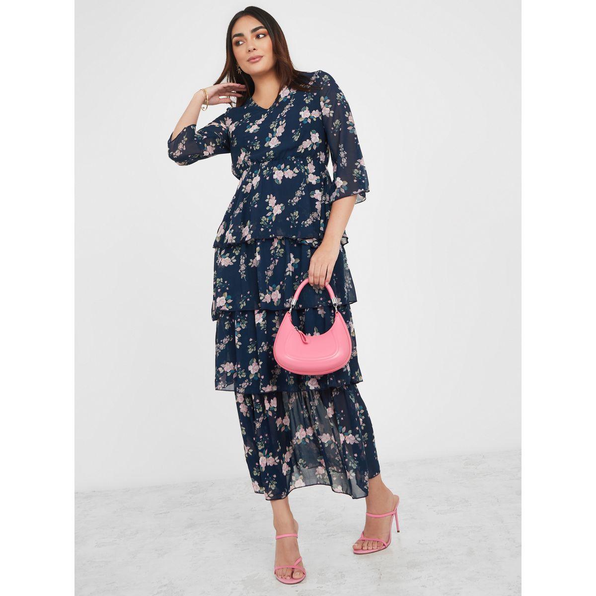 فستان طويل مطبع بزهور وكسرات-women-clothing-dresses-image-1
