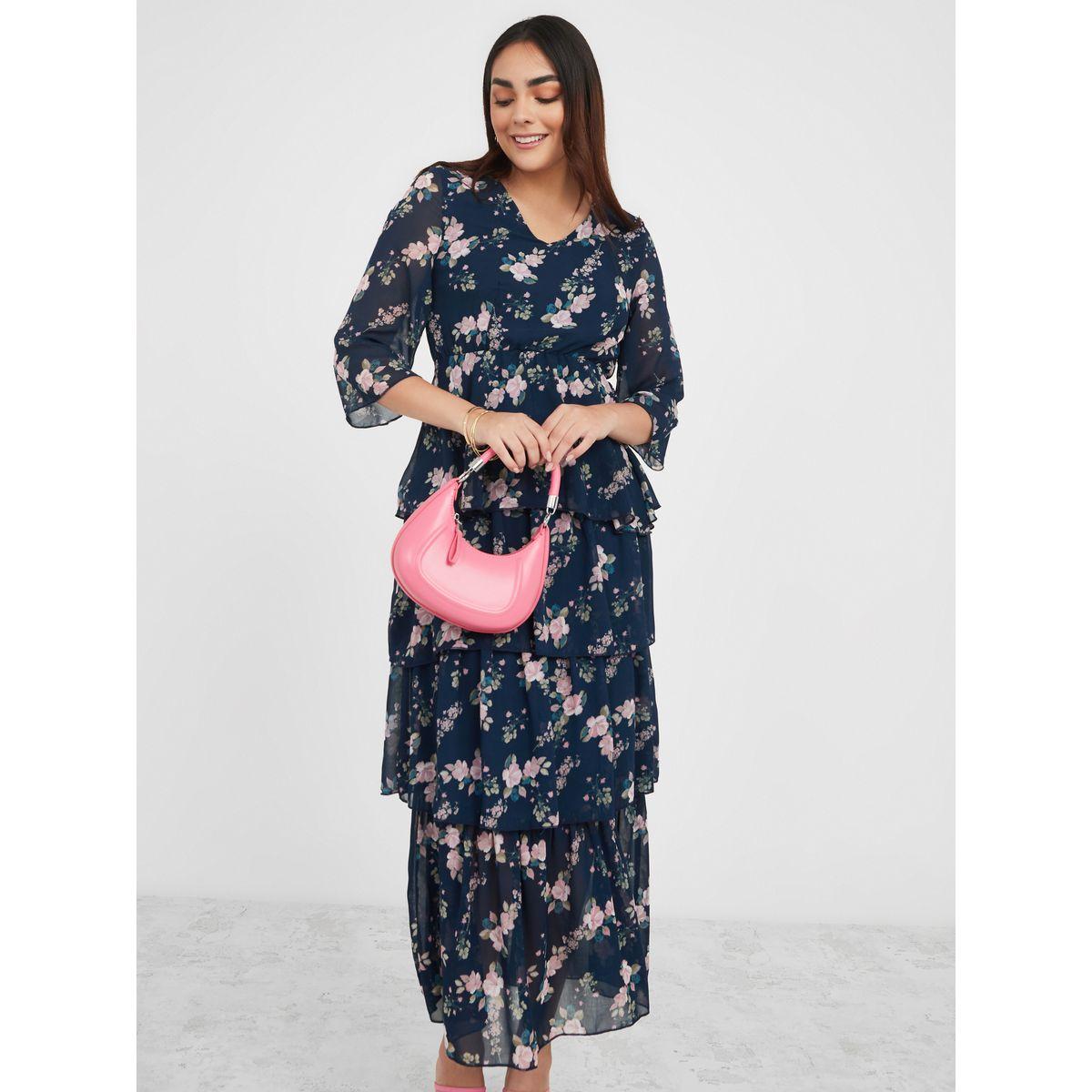 فستان طويل مطبع بزهور وكسرات-women-clothing-dresses-image-2