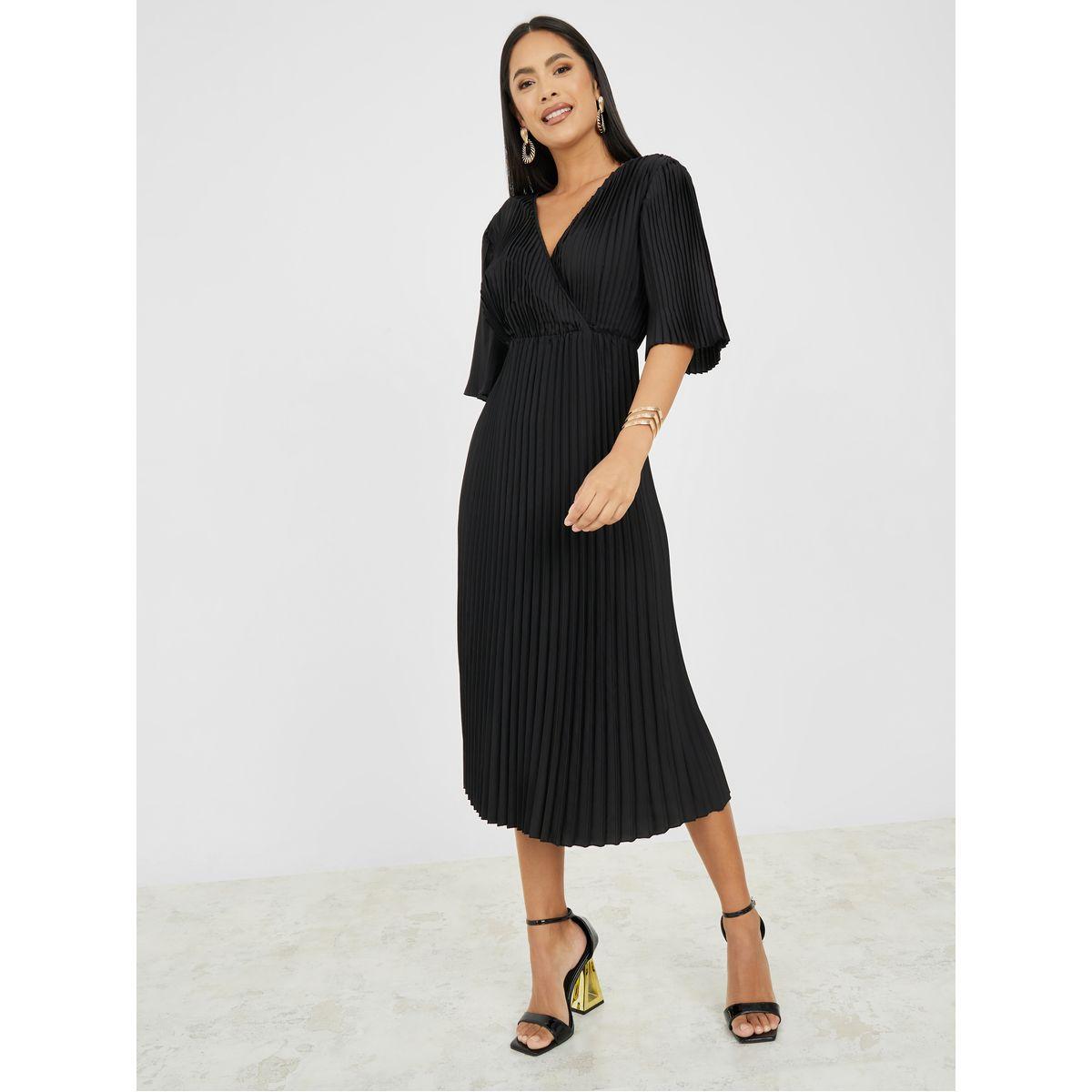 Styli Pleated V Neck A-Line Midi Dress-women-clothing-dresses-image-1