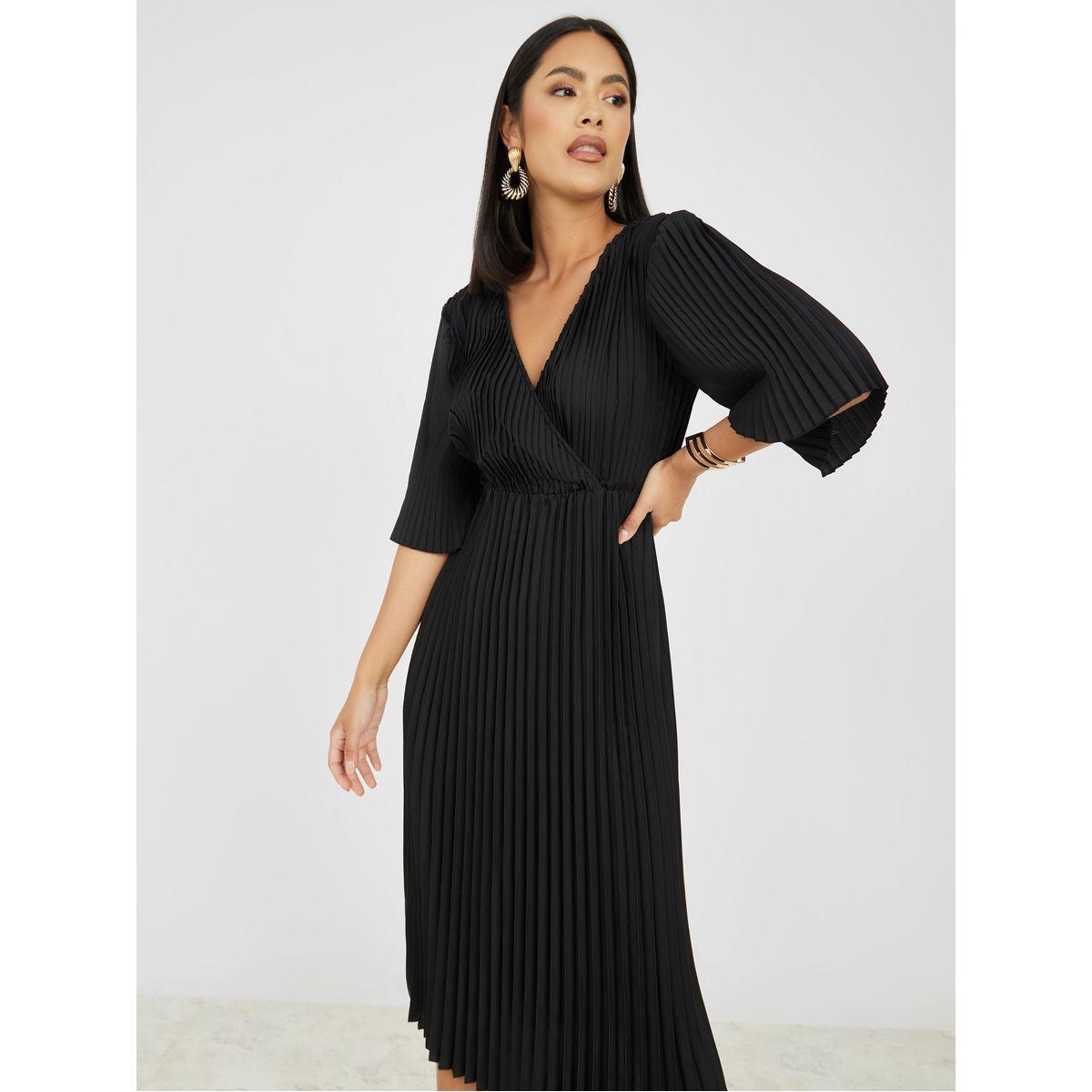Styli Pleated V Neck A-Line Midi Dress-women-clothing-dresses-image-2