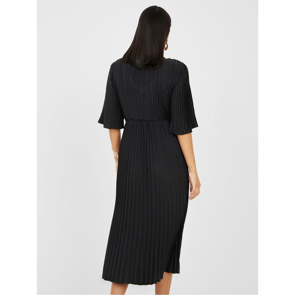 Styli Pleated V Neck A-Line Midi Dress-women-clothing-dresses-image-4