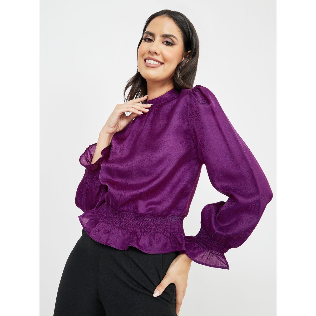 Styli Jacquard High Neck Ruched Waistline Top-women-clothing-shirtsandblouses-blouses-image-1