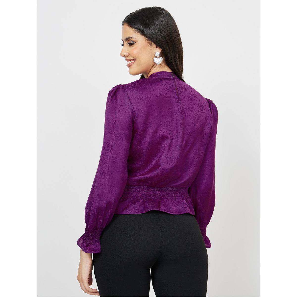 Styli Jacquard High Neck Ruched Waistline Top-women-clothing-shirtsandblouses-blouses-image-4