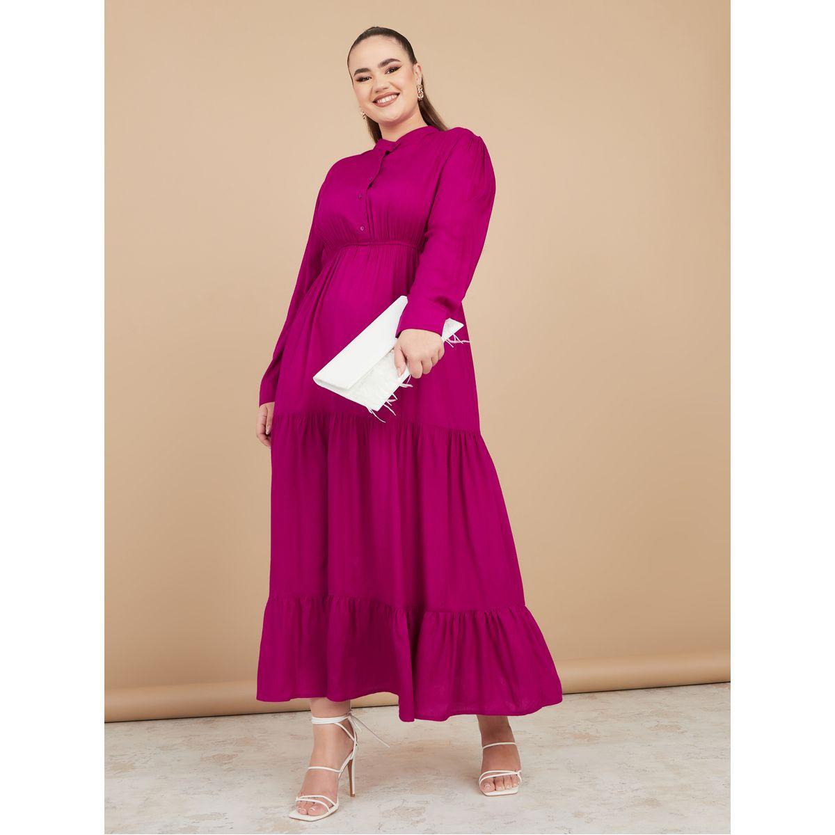 Styli Plus High Neck Button Detail Tiered Maxi Dress-women-clothing-dresses-image-1