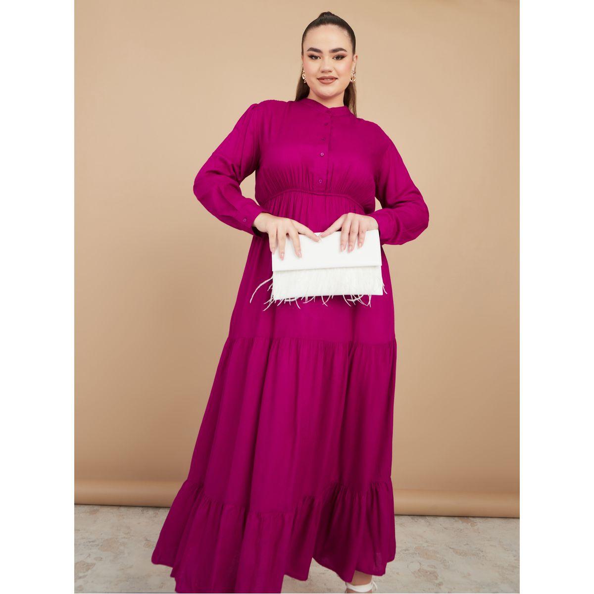Styli Plus High Neck Button Detail Tiered Maxi Dress-women-clothing-dresses-image-2